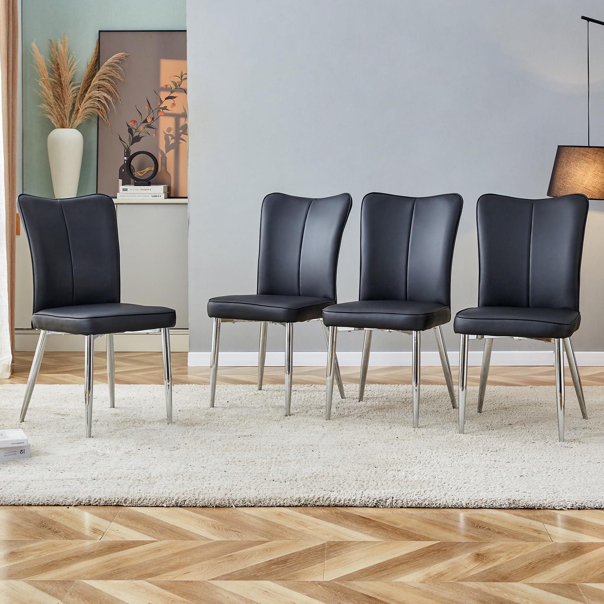 Betoko Mid Century Modern Dining Chairs Set of 4 - PU Cushioned Upholstered Kitchen Chairs with Sturdy Metal Legs - Comfortable Accent Chairs for Dining Room, Kitchen & Home Decor (Black)