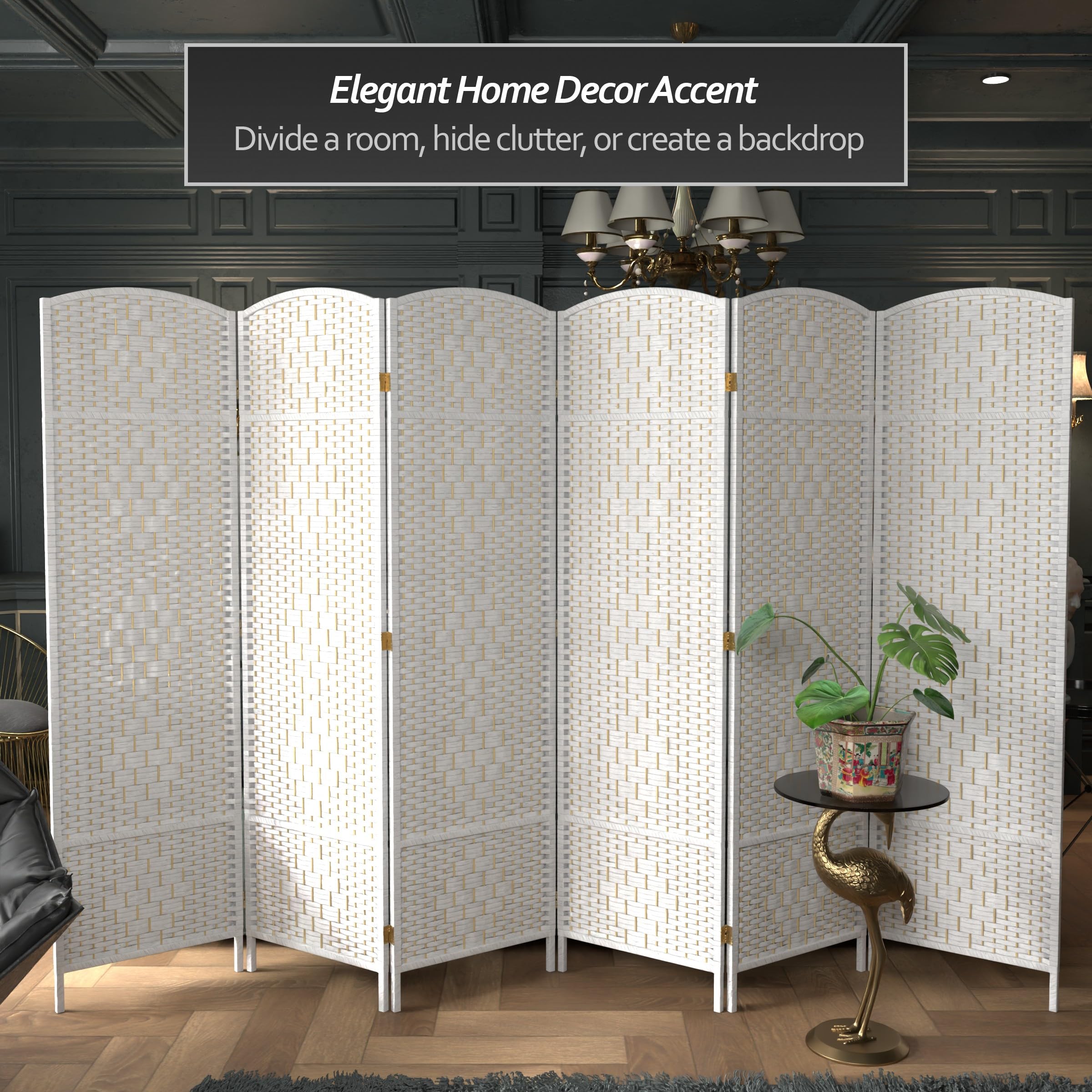 6 ft Tall Diamond Weave Fiber White Room Divider - 6 Panel Folding Privacy Screen for Home, Office, or Outdoor Use - Decorative Red Lantern Design for Asian Theme Events