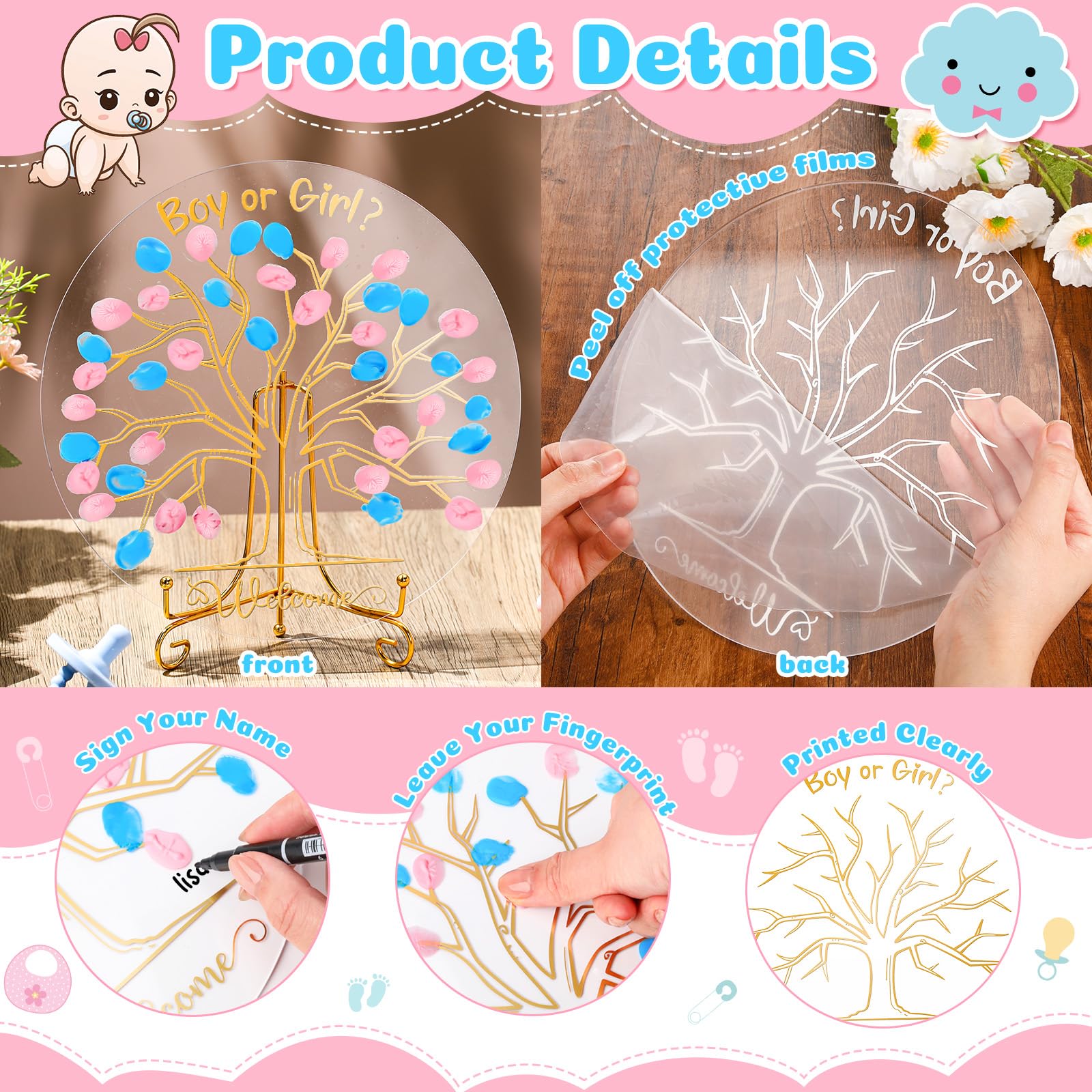 Pasimy Gender Reveal Fingerprint Tree Kit - Baby Shower Guest Book & Party Game for Boy or Girl Reveal - Unique Keepsake for He or She Celebrations (Classic) - Perfect for Baby Showers, Gender Reveal Parties & Family Memories
