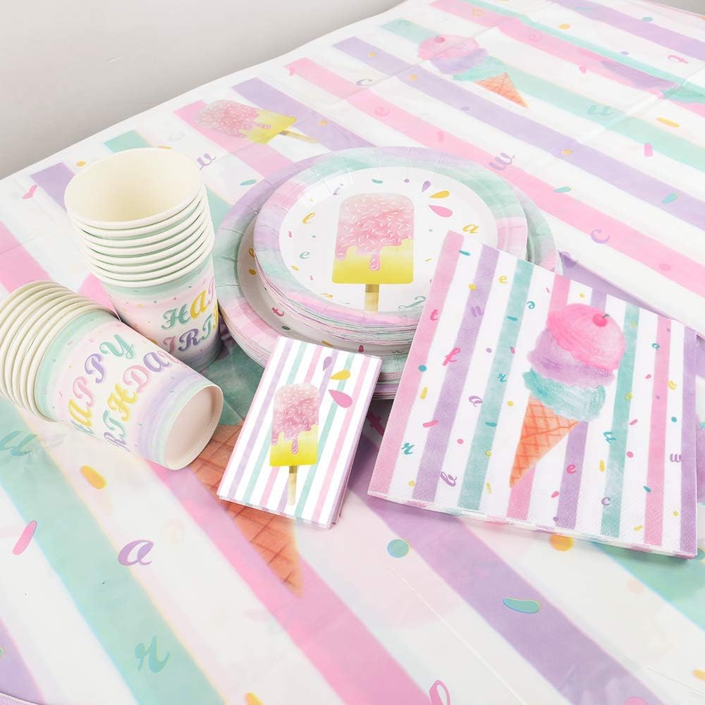 130PCS Ice Cream Party Supplies Set - Disposable Tableware for Kids Birthday, Baby Shower & Summer Parties (Includes Tablecloth, Plates, Cups, Napkins, Cutlery & Bags) - Serves 16 Guests - Perfect for Outdoor Picnics & Birthday Celebrations