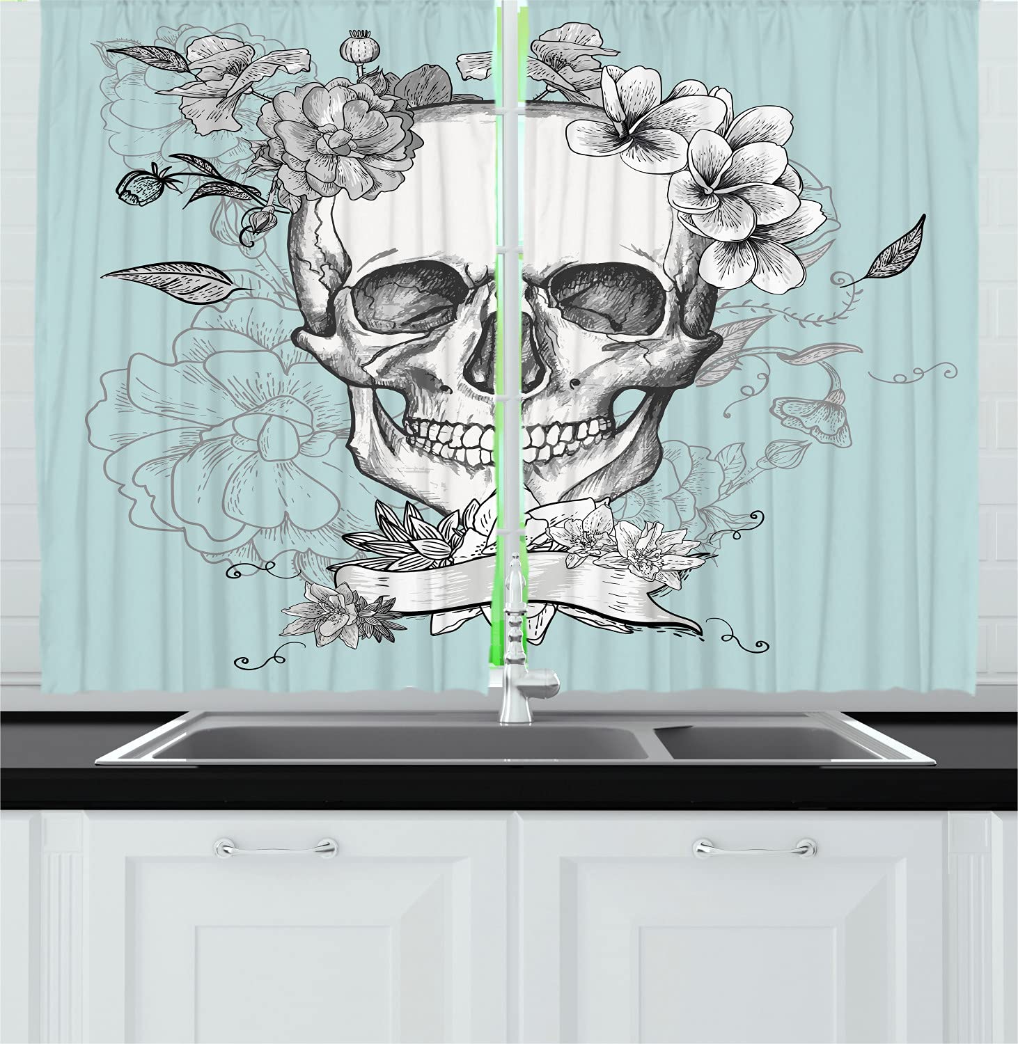 Ambesonne Grunge Long Kitchen Curtains - Day of The Dead Skull & Flowers Mexican Traditional Celebration Drapes, 2 Panel Rod Pocket Window Treatment, 55x45 Inches, Turquoise & White - Perfect for Halloween Decor, Dia de Muertos Party & Gothic Home Decor