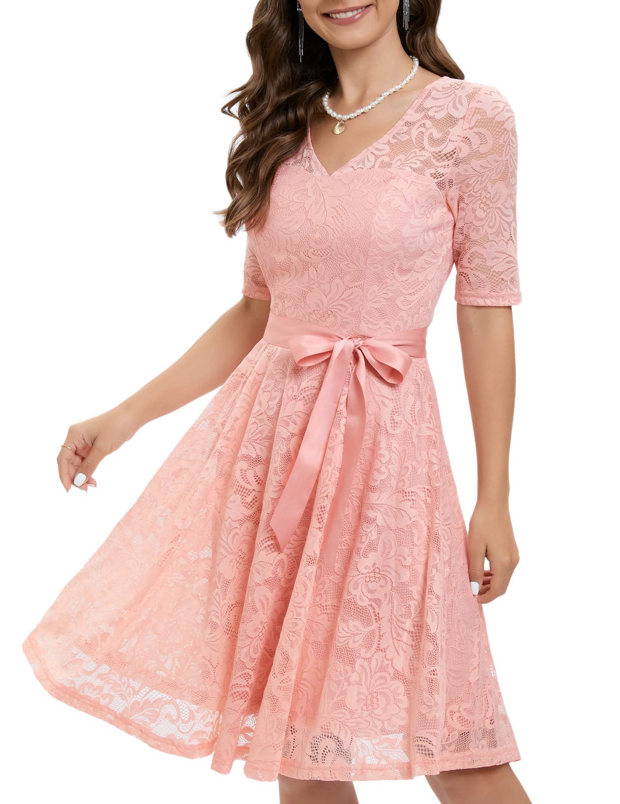 Meetjen Elegant Floral Lace A-Line Wedding Guest Dress - Tea Length Sleeve Cocktail Dress for Women | Perfect for Semi-Formal Events, Bridal Showers & Garden Parties