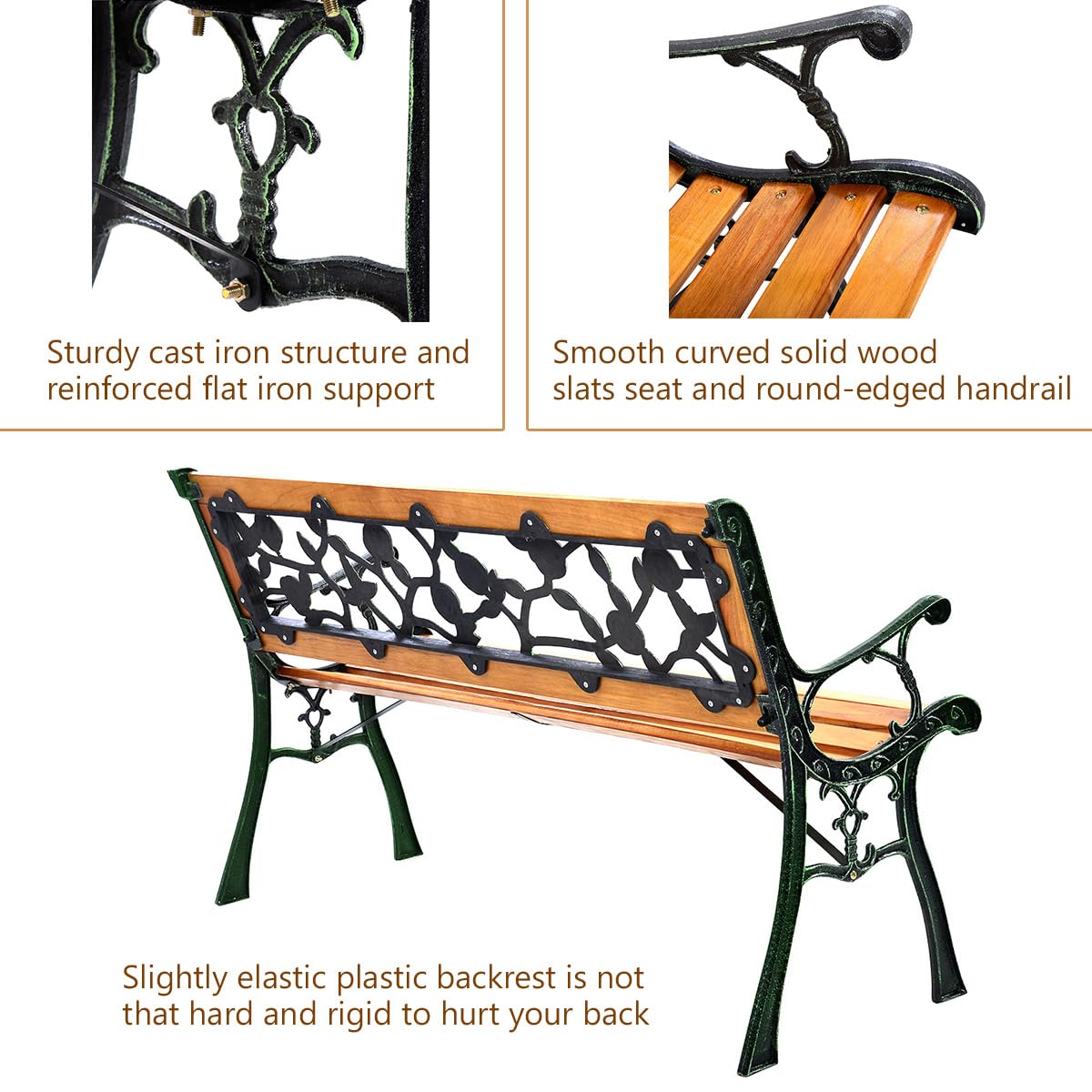 Giantex 50 Inch Patio Park Garden Bench - Outdoor Cast Iron Hardwood Frame Loveseat for 2 People - Perfect for Porch, Backyard, Garden & Outdoor Seating