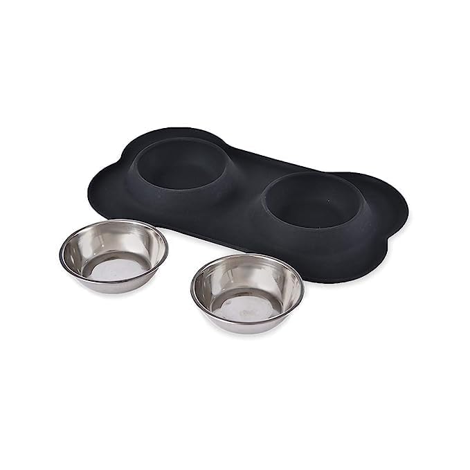 Zyomatiq Stainless Steel Dog Bowl Set with Non-Slip Silicone Mat - 2 x 400ml Pet Food & Water Bowls for Dogs & Cats - Durable Raised Feeder for Indoor & Outdoor Use - Perfect for Home, Travel & Camping