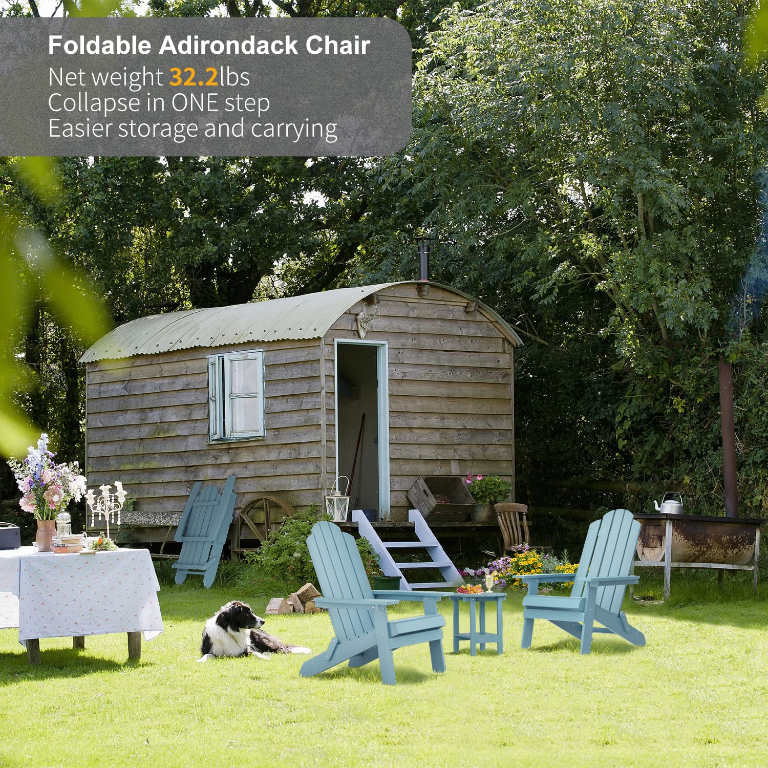 MXIMU Folding Adirondack Chair - Lightweight Plastic Outdoor Chair for Lawn, Backyard, Deck, Garden & Camping - Fire Pit Seating - Weather-Resistant & Portable (Blue) - Perfect for Relaxing, Lounging & Outdoor Gatherings