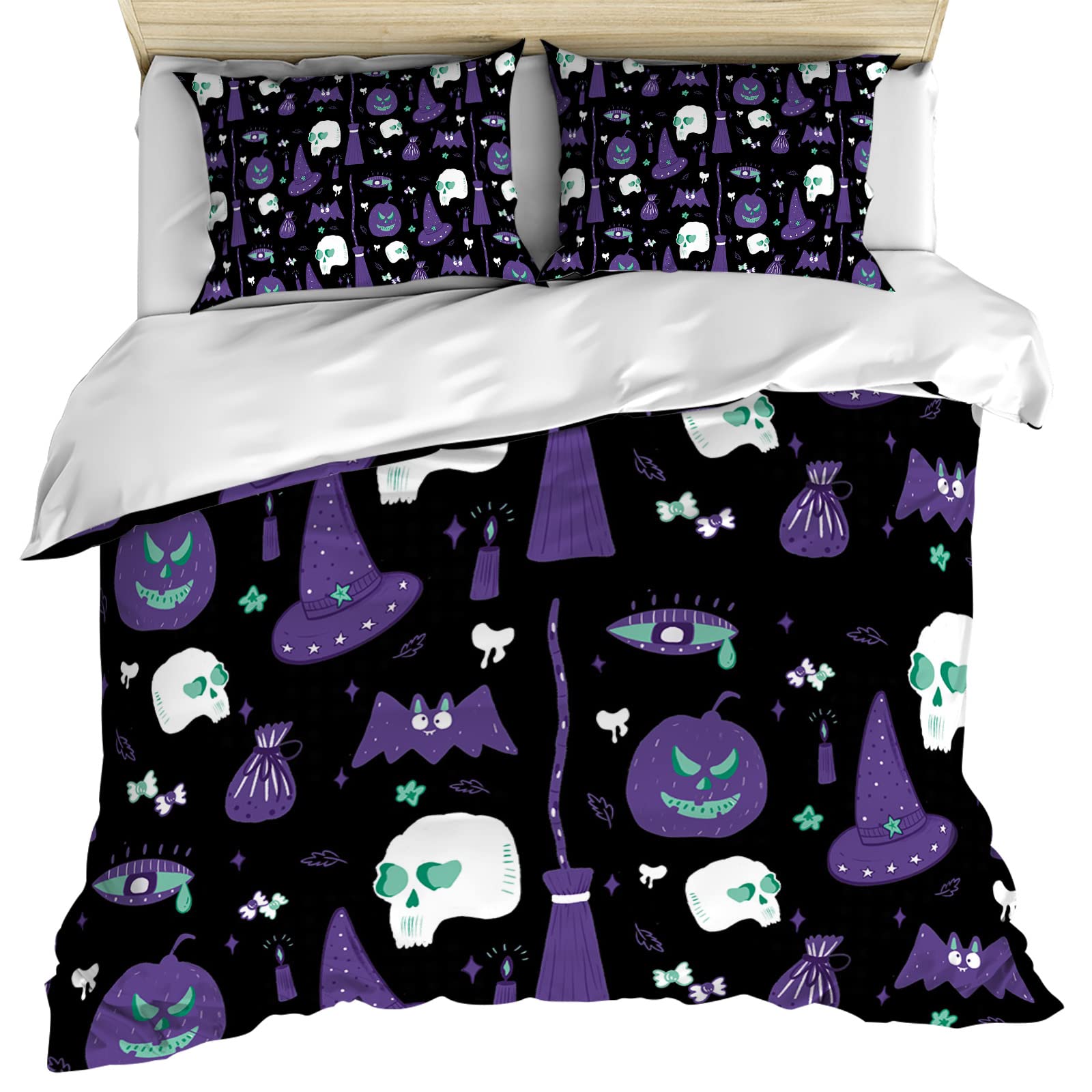 AmbeHome 3-Piece Full Size Duvet Cover Set - Soft Microfiber Halloween Comforter Set with Pumpkin, Wizard Hat & Skull Design (1 Duvet Cover + 2 Pillowcases) | Durable Bedding for Spooky Decor, Guest Room & Seasonal Home Styling