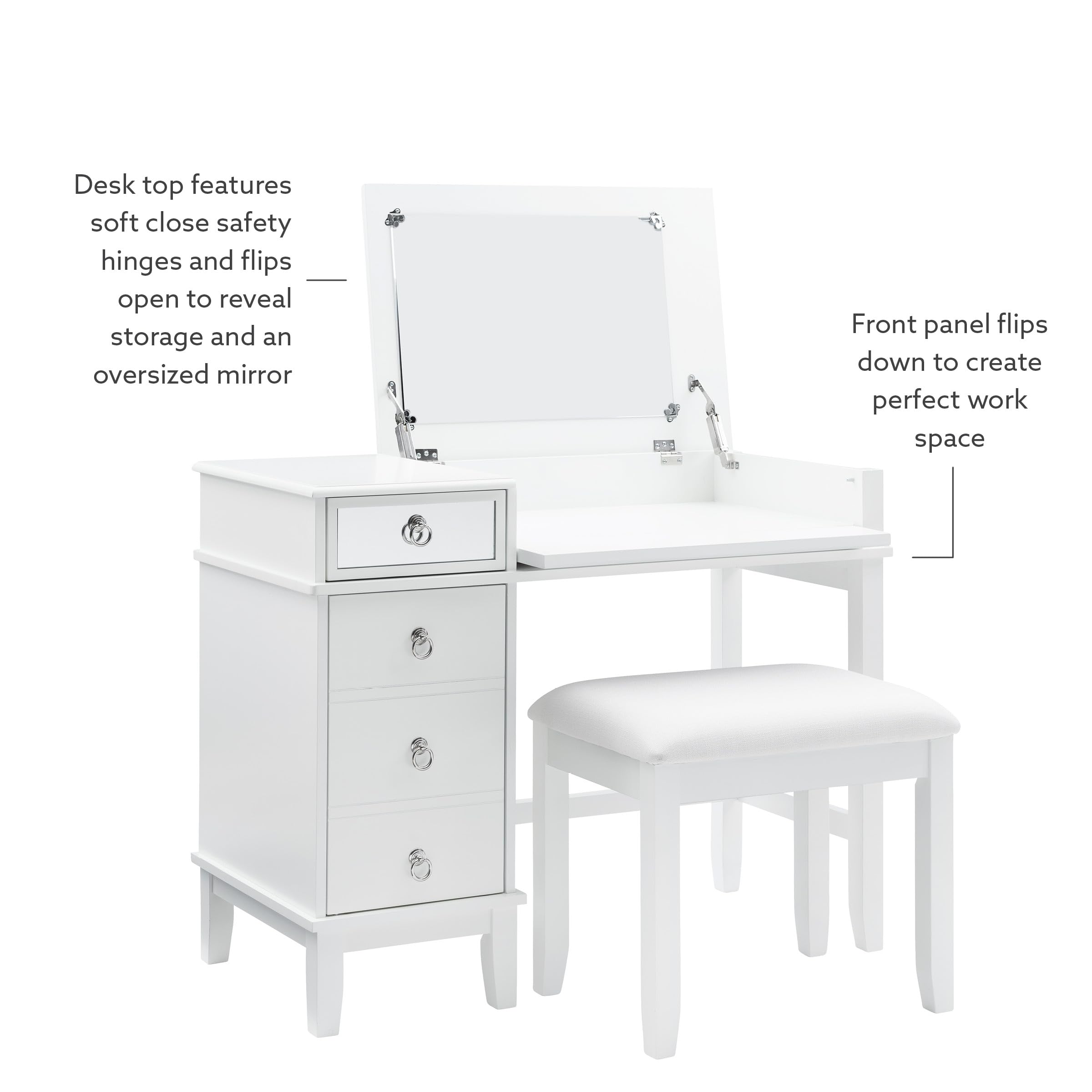 Linon White Vanity Set with Mirror & Stool - Elegant Dressing Table for Bedroom, Bathroom & Makeup Area