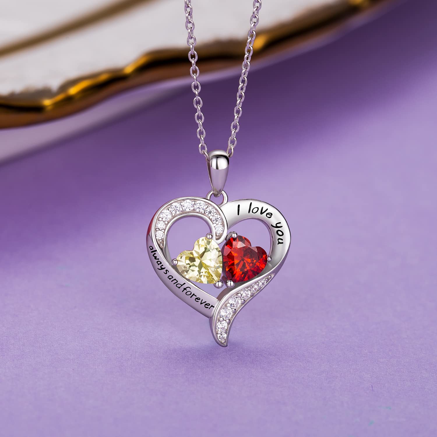 BlingGem Heart Necklaces for Women - 925 Sterling Silver Birthstone Necklace with 2 Custom Birthstones, Personalized Pendant Jewelry Gift for Wife, Mom, Girlfriend | Perfect for Valentine's Day, Anniversary, Mother's Day & Birthday Gifts