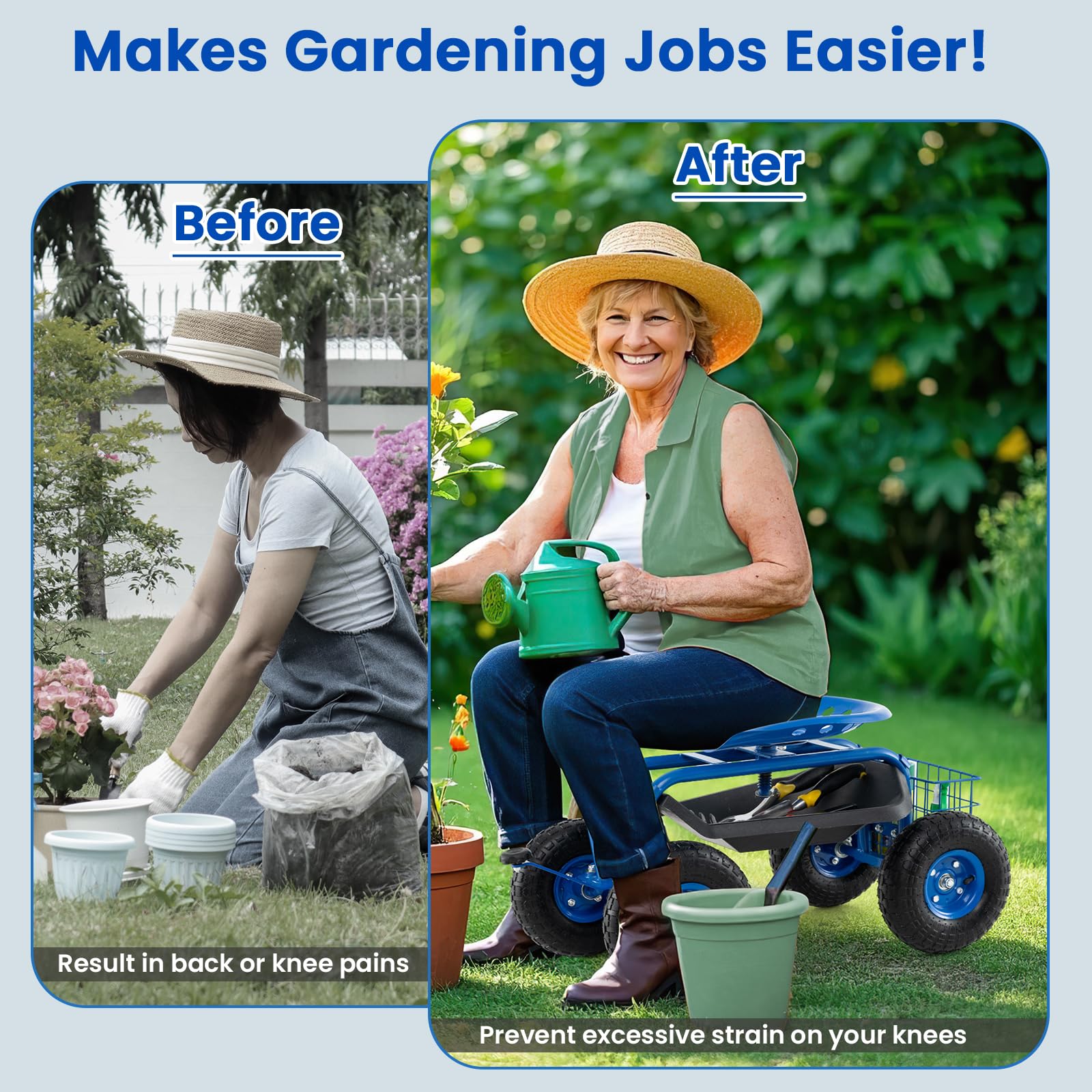 Giantex 360° Swivel Rolling Garden Work Seat with Wheels & Tools Basket - Adjustable Height Gardening Cart for Patio, Lawn, Yard - Outdoor Steerable Stool for Planting, Weeding & Landscaping (Blue)