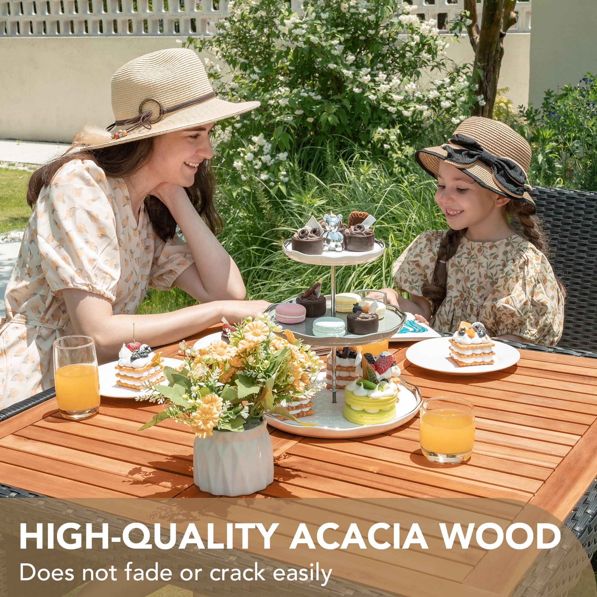 Devoko 5-Piece Outdoor Patio Furniture Set - Acacia Wood Top & Rattan Dining Table with Chairs for Backyard, Garden, Deck - Black | Perfect for Outdoor Entertaining, BBQ Parties, and Relaxing in Your Yard