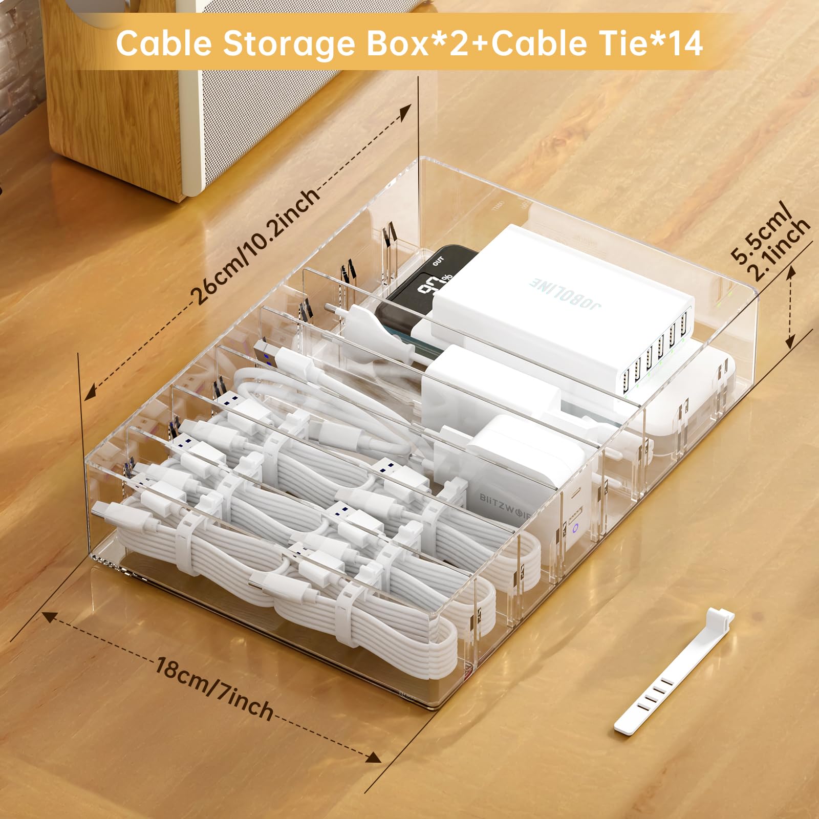 2-Pack Clear Stackable Cable Organizer Box with Adjustable Compartments & Wire Ties - Large Cord Storage Solution for Drawers, Electronics, Travel & Home Office Organization