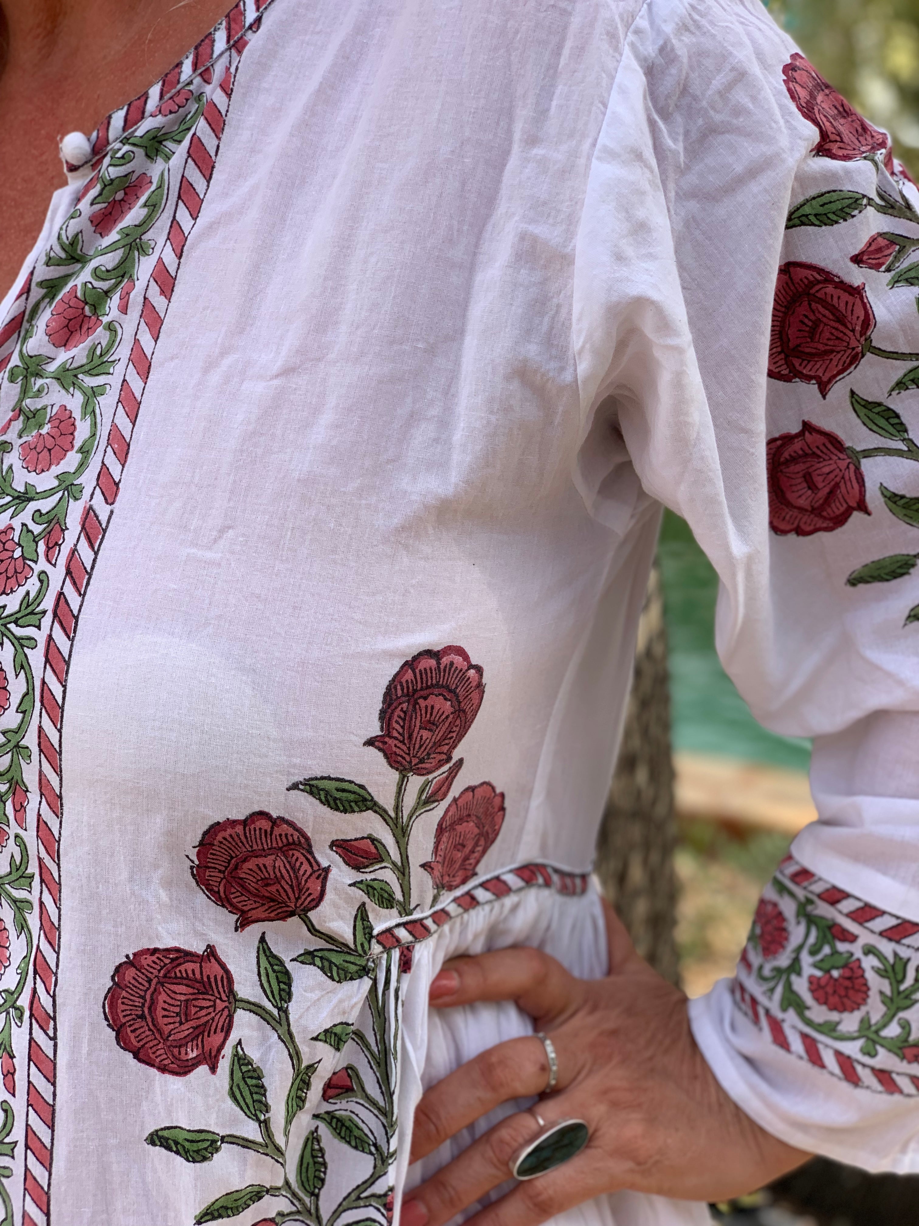 Handmade Mughal Dress with Block Print Red Roses - Elegant Ethnic Wear for Weddings & Festivals