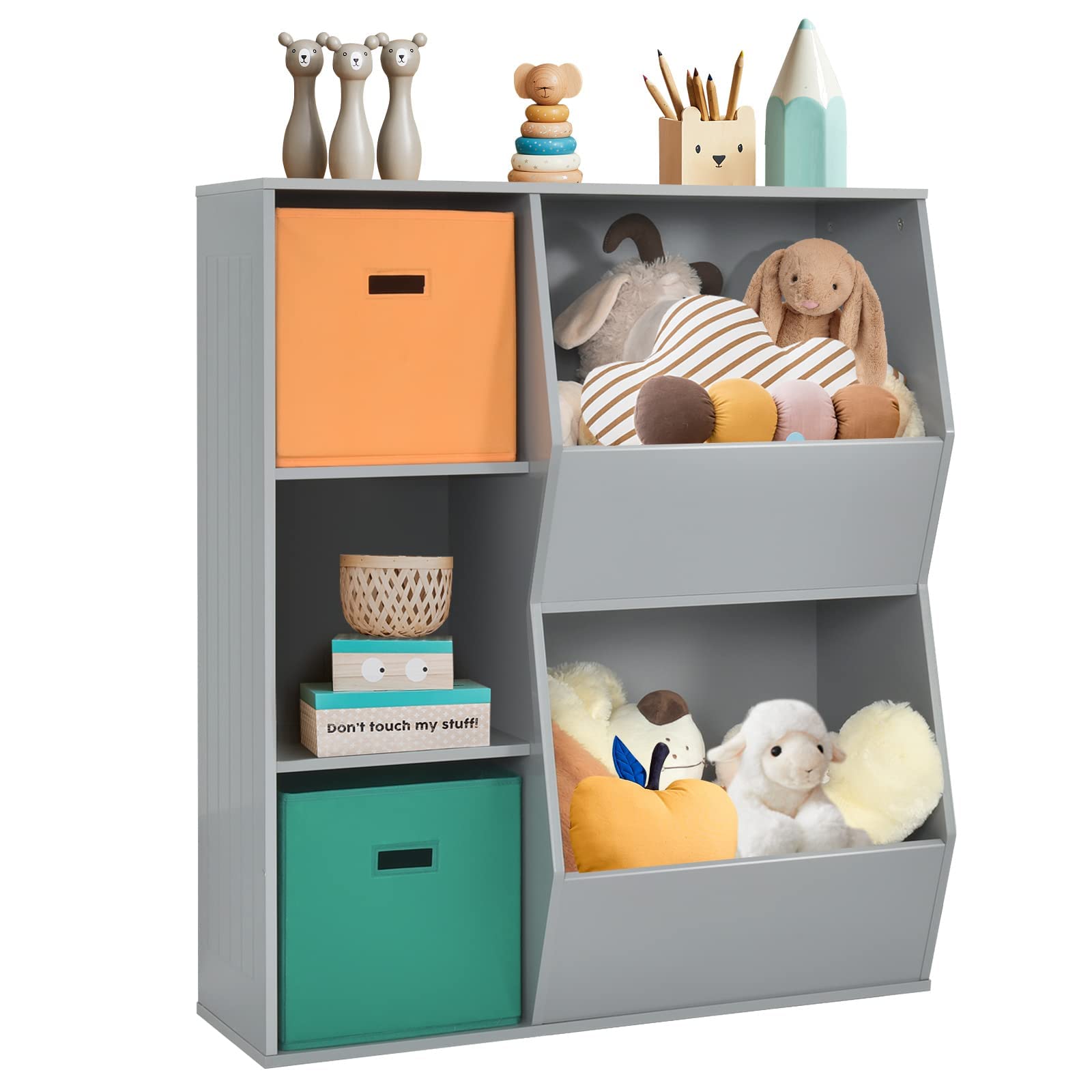 Costzon 5-Cubby Wooden Toy Storage Organizer with Bookcase & Bins - Kids Bookshelf & Toy Cabinet for Toddlers - Nursery, Playroom, Daycare & Living Room Storage Solution (Gray) - Perfect for Organizing Toys, Books & Supplies in Children's Rooms