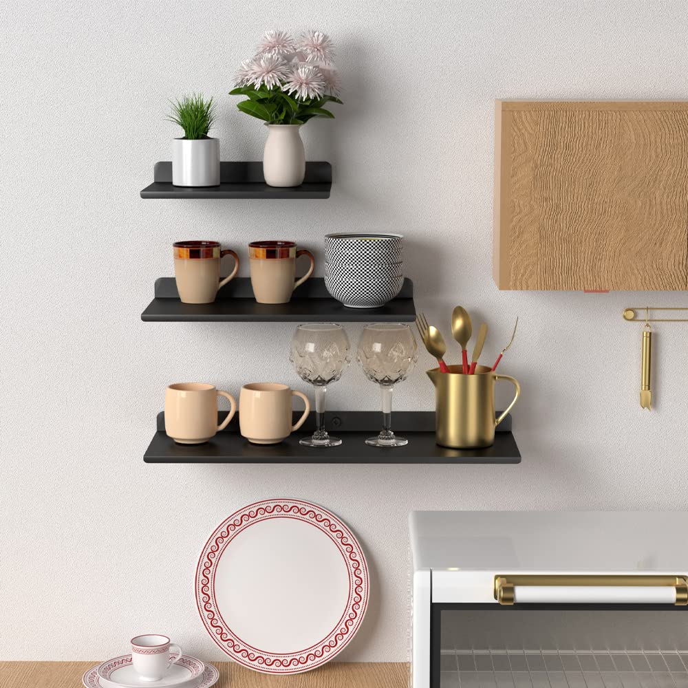 Metal Floating Shelves Wall Mounted - Set of 8, Stainless Steel Hanging Shelves for Living Room & Kitchen Storage, Matte Black - Perfect for Displaying Decor, Books, and Organizing Small Items