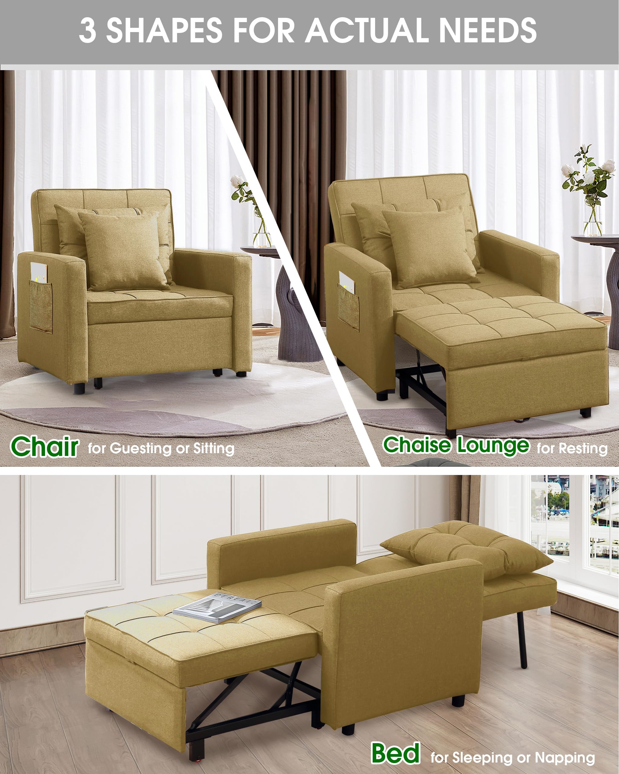XSPRACER 3-in-1 Convertible Chair Bed - Adjustable Backrest Sleeper Sofa to Armchair & Bed - Premium Linen Fabric in Khaki - Perfect for Small Spaces, Guest Rooms & Studio Apartments