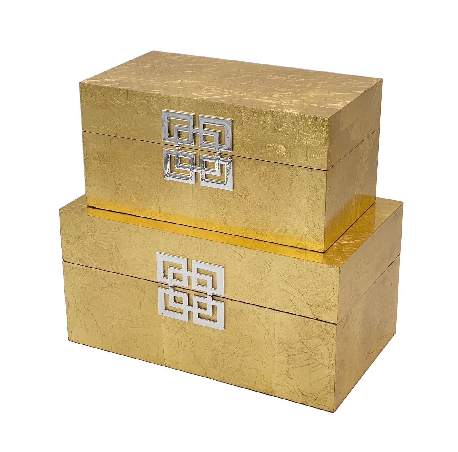 Galt International Wooden Storage Box Set with Hinged Lid - Classic Decorative Storage Box with Geometric Clasp for Bedroom, Living Room & Home Organization - Set of 2 (Gold Leaf) - Perfect for Jewelry, Keepsakes & Home Decor Display