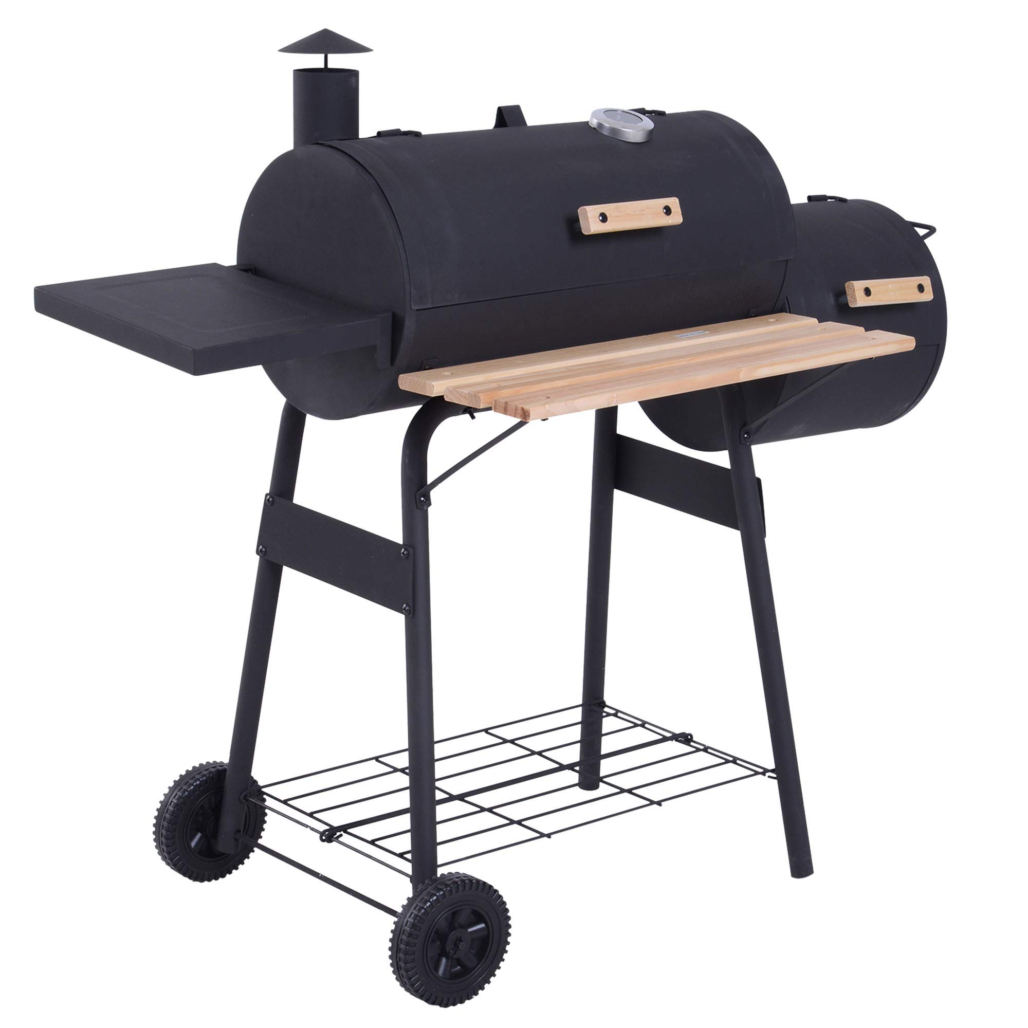 Outsunny 48 Inch Portable Charcoal BBQ Grill with Wheels - 232 Sq In Steel Outdoor Smoker Grill with Storage Shelf - Ideal for Backyard, Camping, Picnic & Tailgating - Black