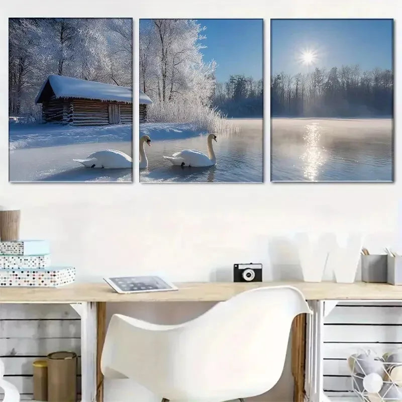 3-Piece Winter Swan Lake Wrapped Wall Art Set - Framed Canvas 40x60cm - High Quality Print - 100% Australian Made - Ready to Hang - Perfect for Living Room, Bedroom & Office Decor