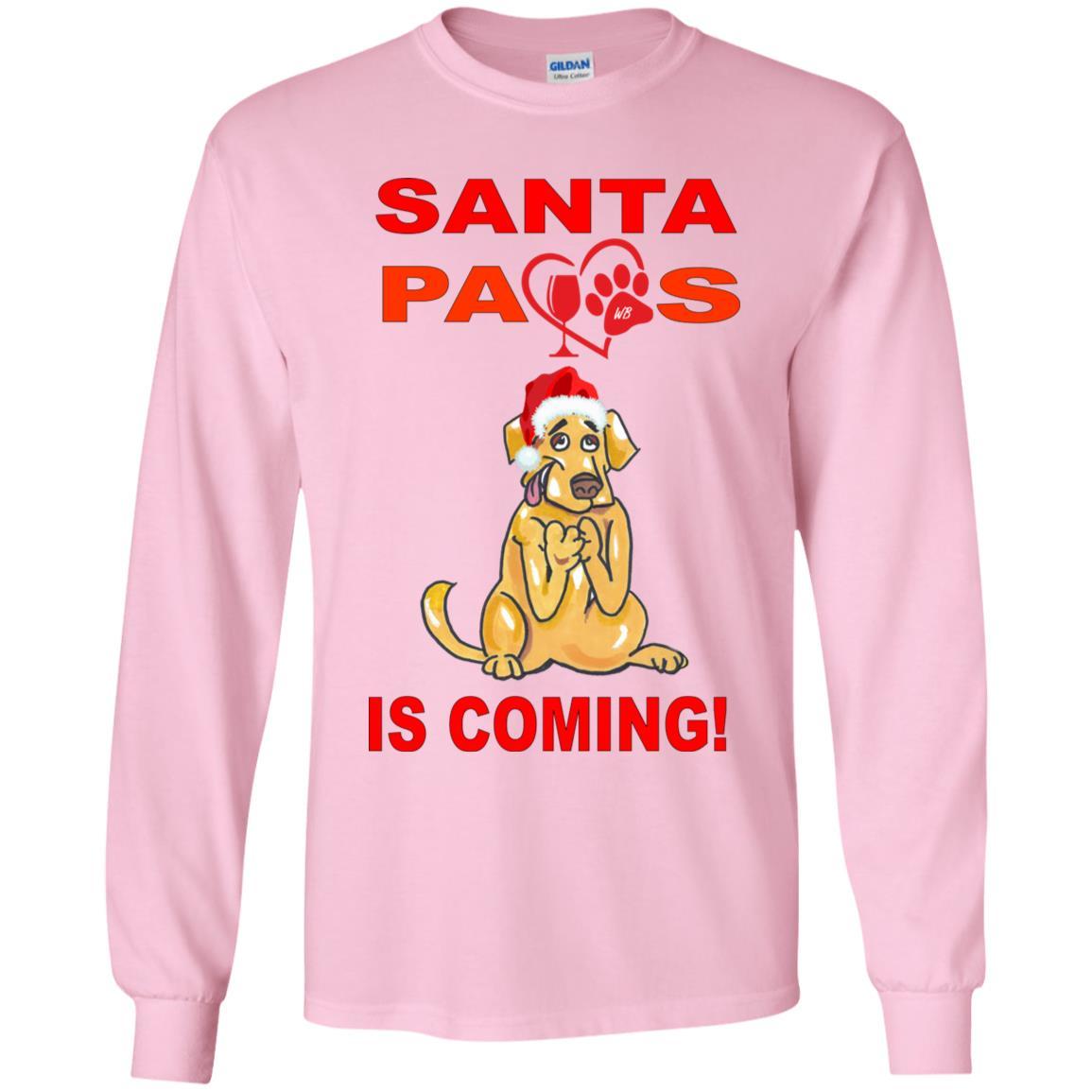 Santa Paws Is Coming Youth Long Sleeve T-Shirt | Cute Christmas Dog Lover Tee | Holiday Family Matching Outfits & Pet Photo Shoots