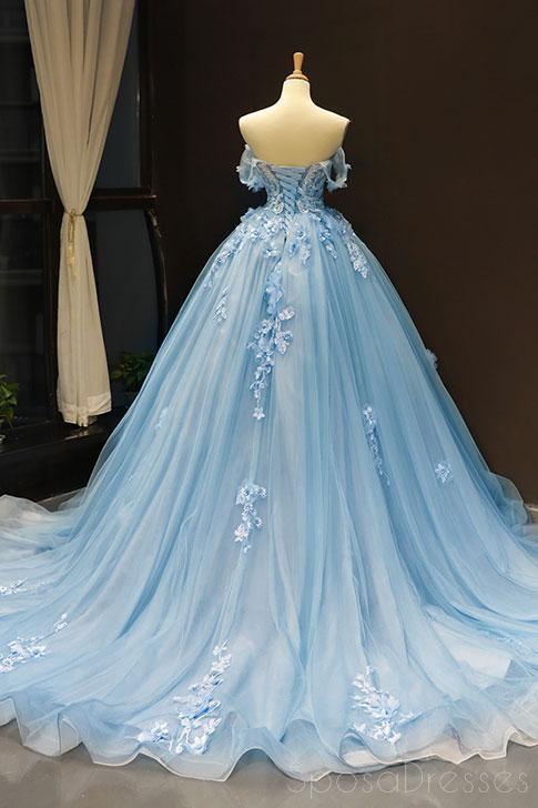 Elegant Off Shoulder Blue Handmade Floral Long Evening Prom Dress for Women - Perfect for Formal Dances, Galas & Special Occasions