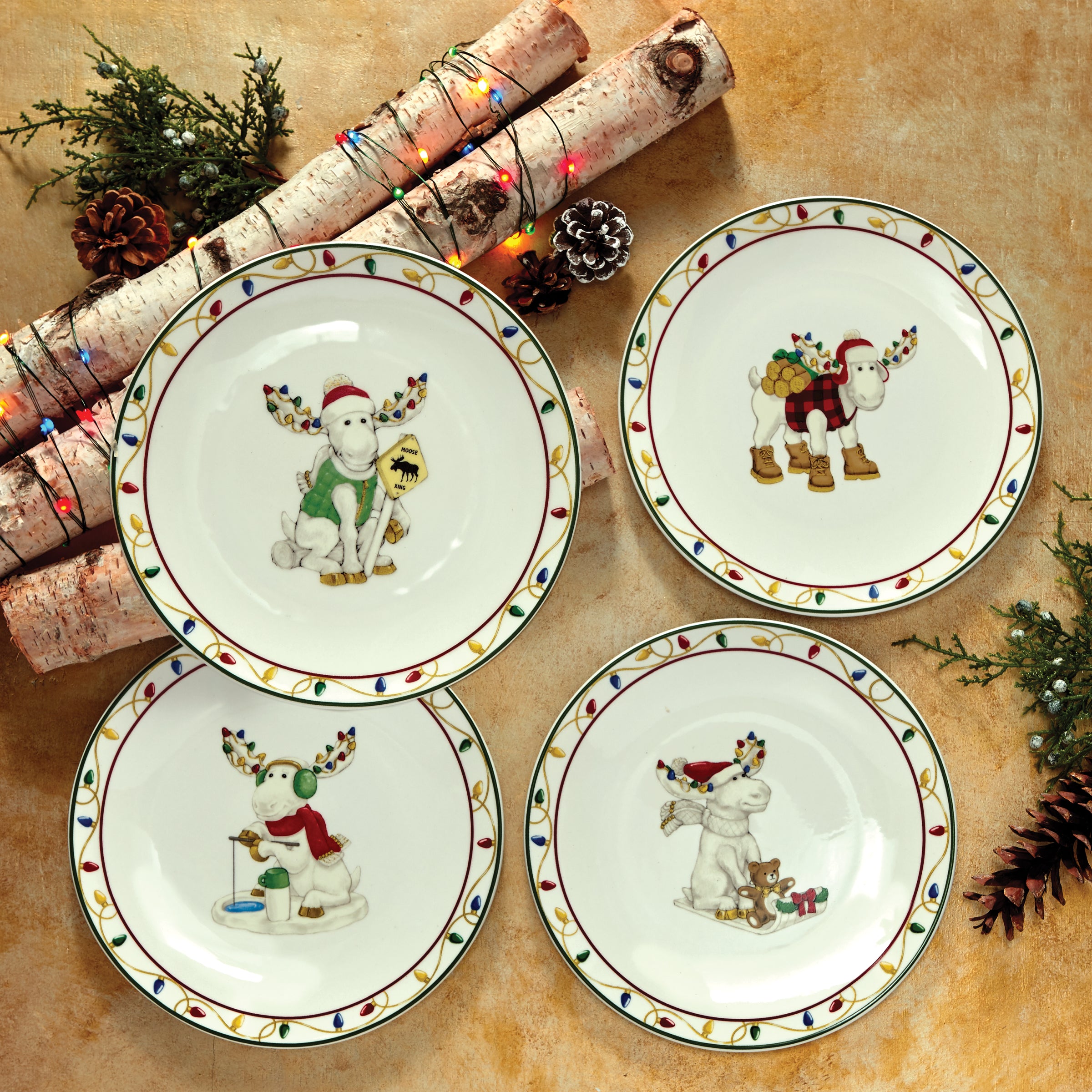 Merry Marcel Moose 4-Piece Dessert Plate Set - Elegant Porcelain Appetizer Plates for Holiday Parties, Christmas Dinner & Dessert Serving - Perfect for Festive Gatherings, Tea Time & Special Occasions
