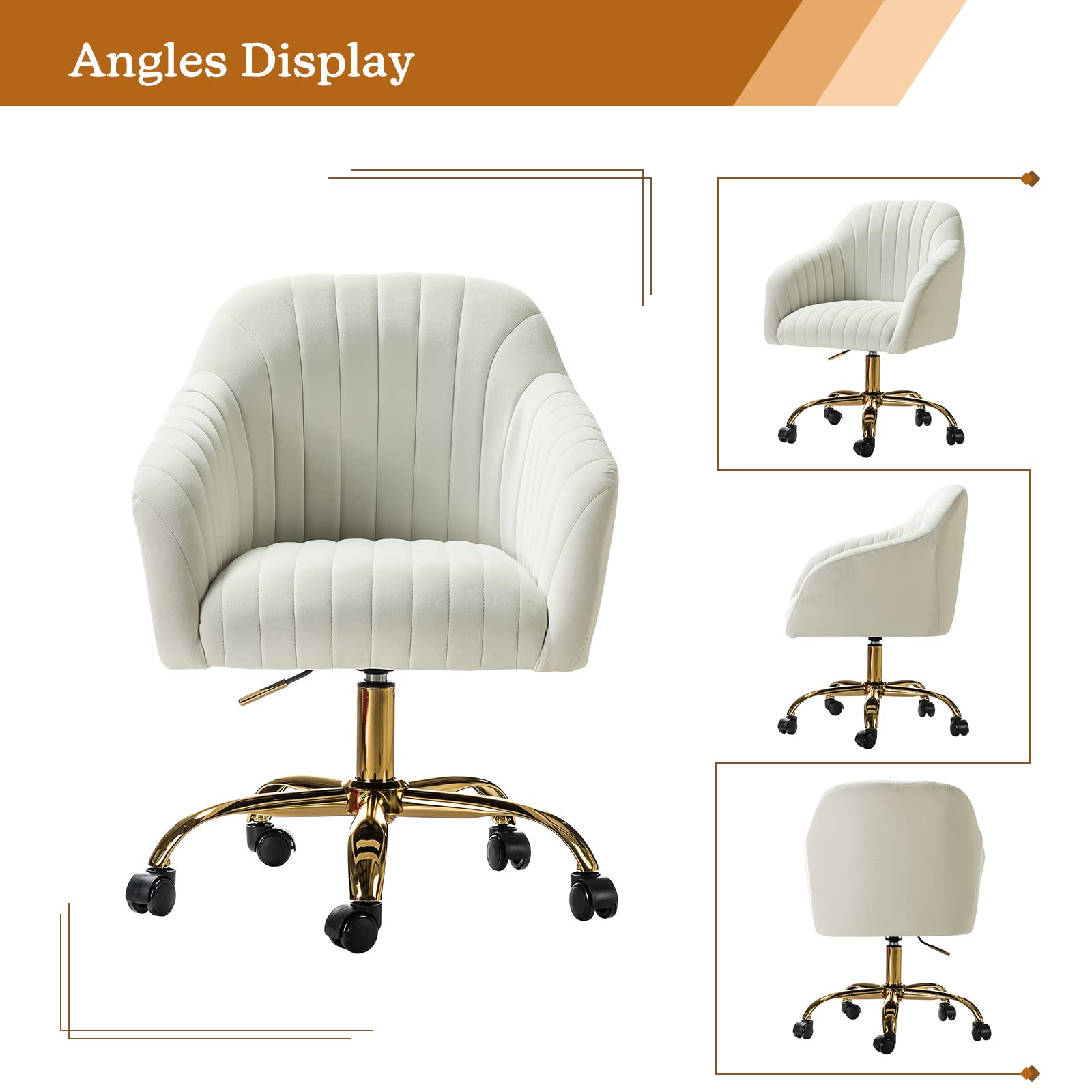 HULALA HOME Velvet Office Chair - Modern Adjustable Swivel Desk Chair with Wheels, Ergonomic Computer Task Chair for Women & Girls, Gold Base & Ivory Upholstery - Perfect for Home Office, Gaming & Study