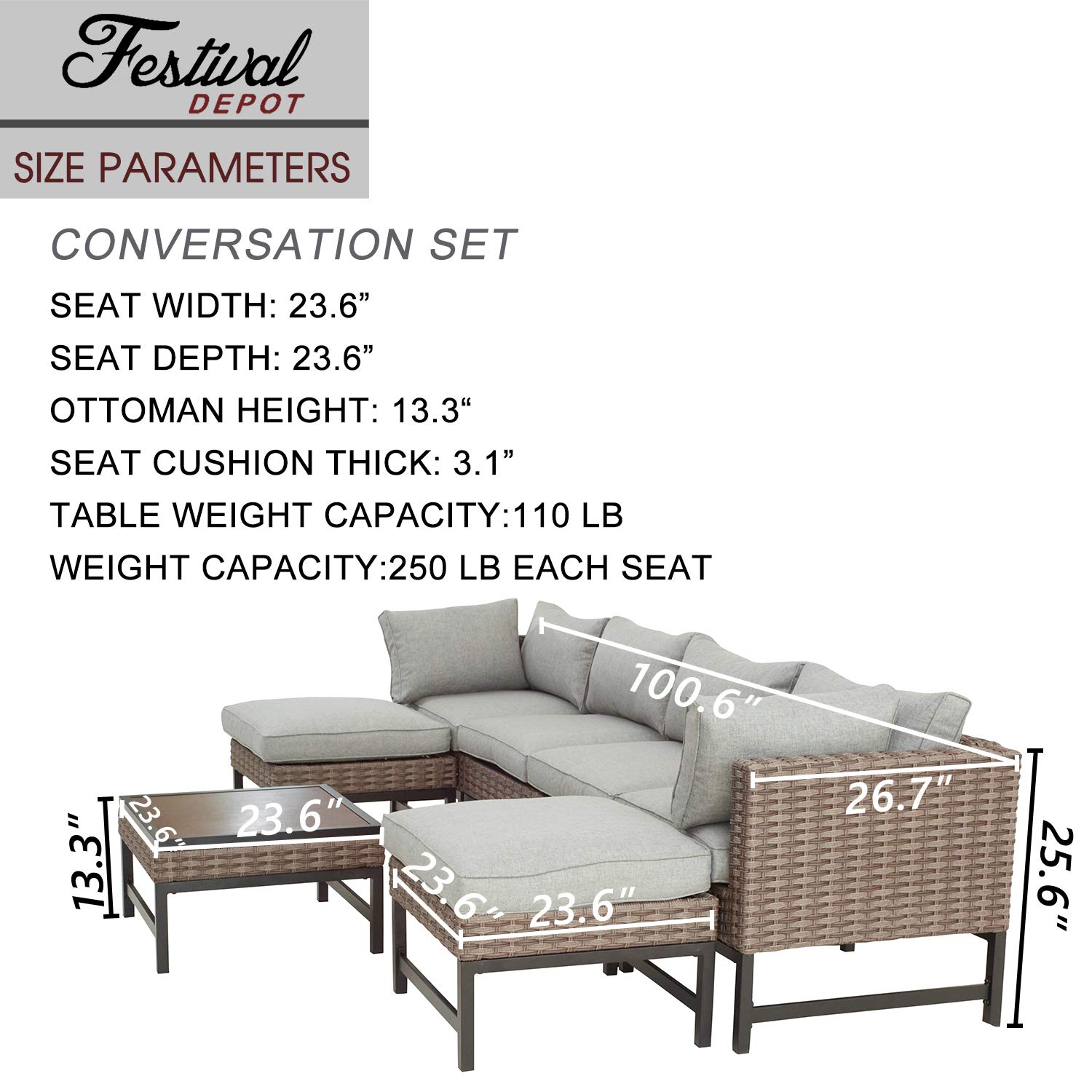 7-Piece Patio Outdoor Furniture Set - Wicker Sectional Sofa with Chairs, Ottoman, Coffee Table & Soft Cushions (Grey) - Perfect for Garden, Poolside & Backyard Relaxation