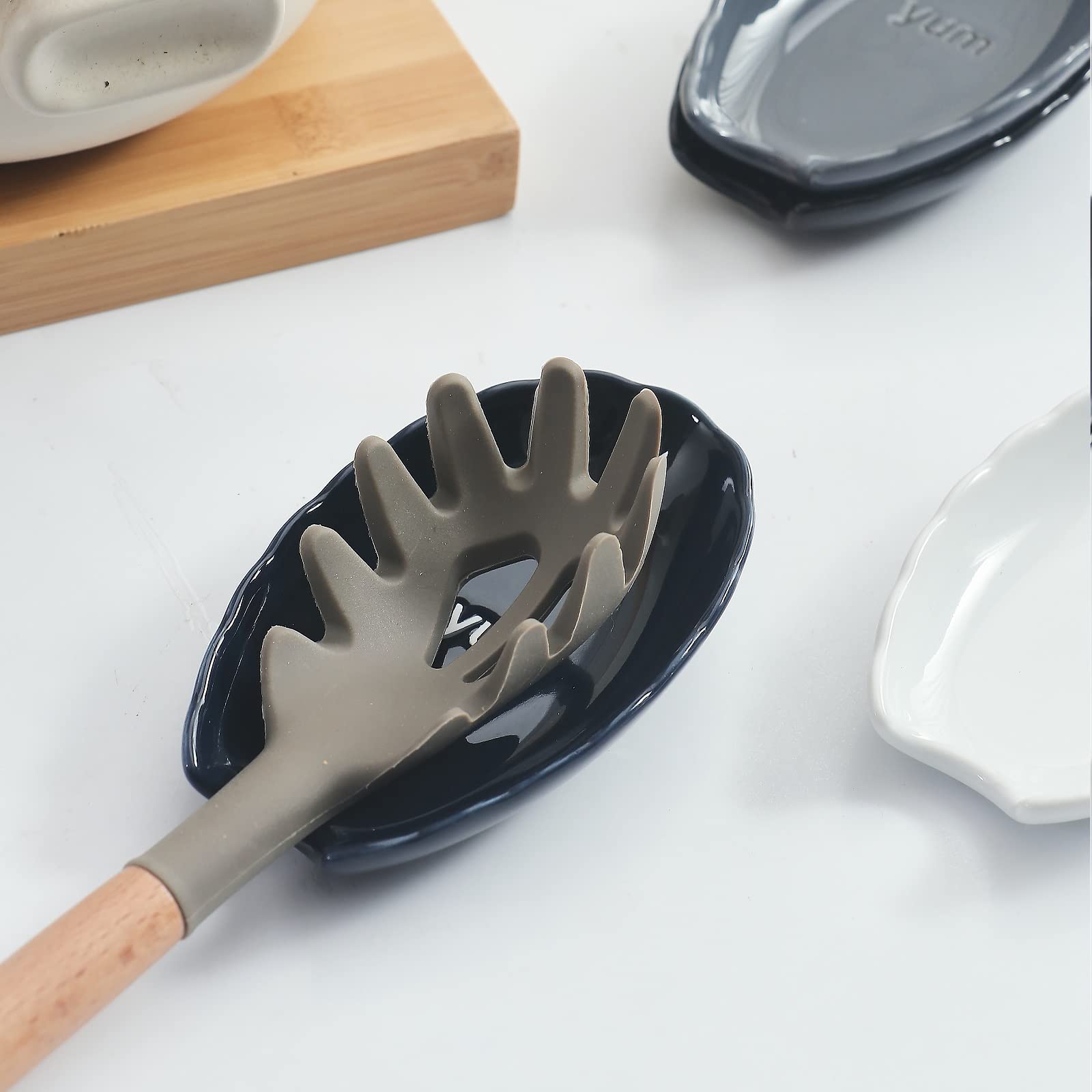 4-Piece Black Ceramic Spoon Rest Set for Kitchen Counter & Stove Top - Perfect for Holding Spoons, Spatulas & Ladles - Durable Kitchen Utensil Holder Accessory for Cooking & Serving