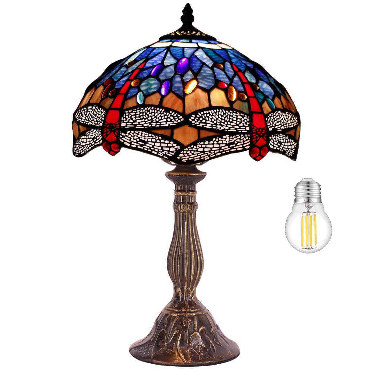 WERFACTORY Tiffany Style Stained Glass Dragonfly Table Lamp - Blue & Red Handcrafted Bedside Reading Light, 12x12x18 Inches - Perfect for Bedroom Nightstand, Living Room Decor & Home Office (S688 Series)