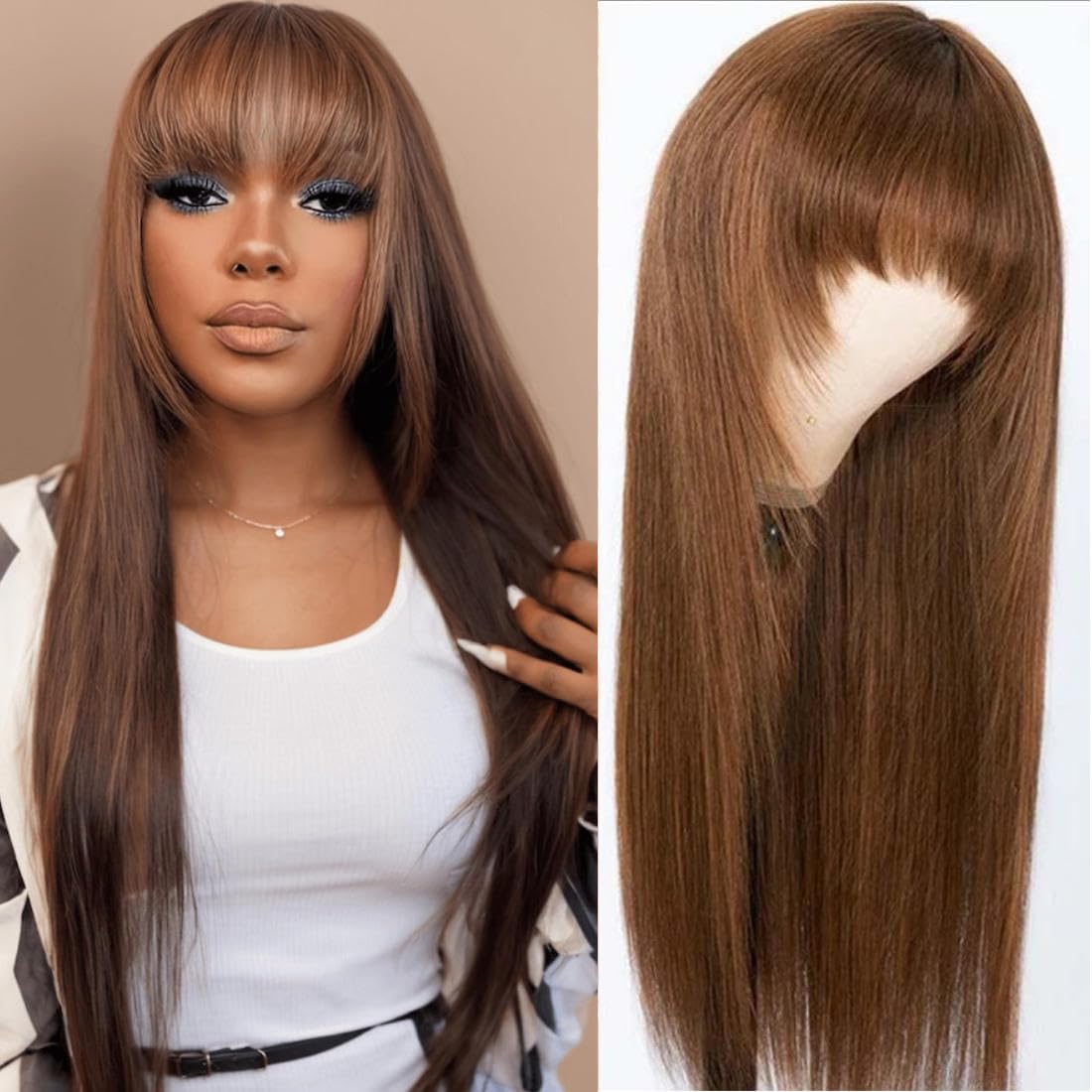 Beauty Forever #4 Chocolate Brown Straight Human Hair Wig with Bangs - 18 Inch Glueless Machine Made Dark Brown Full Wig, 150% Density, Affordable Layered Cut | Perfect for Cosplay, Daily Wear & Fashion Styling