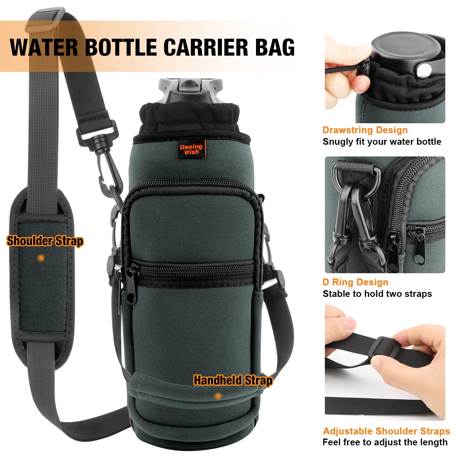 Bike Water Bottle Holder with 2 Pockets & Shoulder Strap - Universal Bottle Cage for Mountain Bikes, Walking Strollers, Scooters - Perfect for Cycling, Hiking & Outdoor Sports