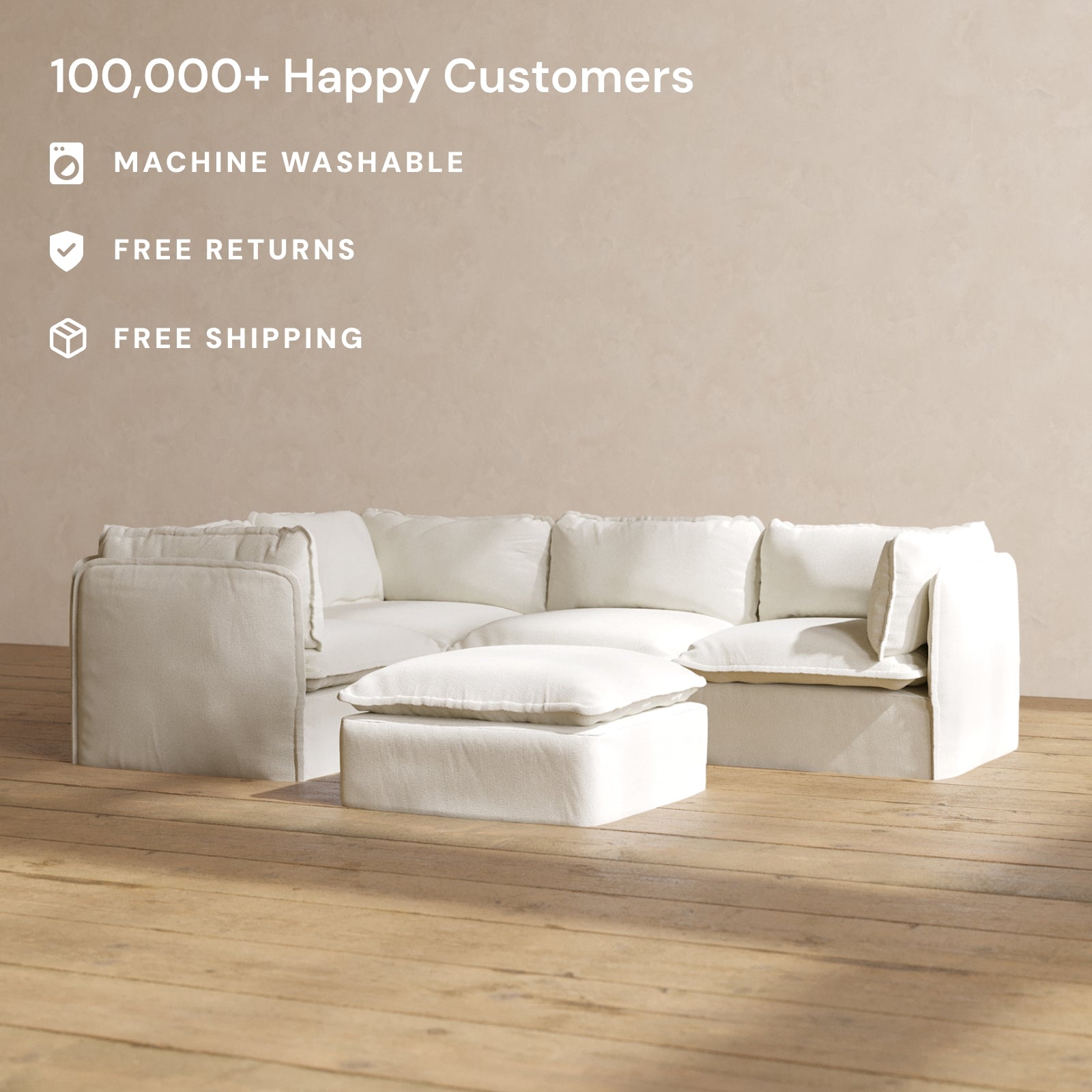 Modular Performance 4-Seater Corner Sectional Sofa with Ottoman in Eggshell | Soft Blend Fabric | Perfect for Living Room, Family Room & Home Theater