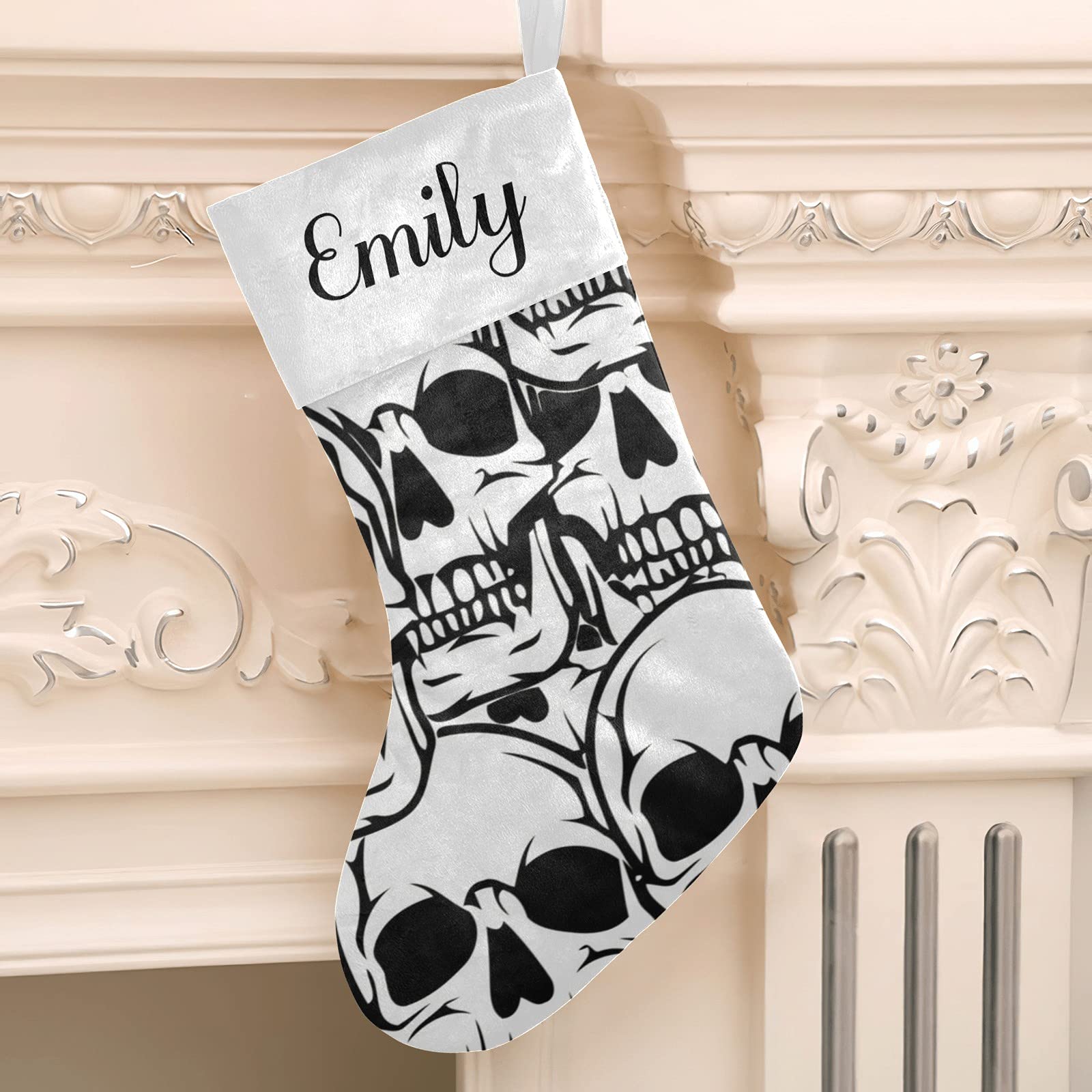 Personalized Black Skull Christmas Stockings - Custom Name Embroidered Holiday Decor (17.52x7.87 Inch) - Perfect for Gothic Xmas, Halloween-Christmas Transition & Alternative Holiday Gift Giving