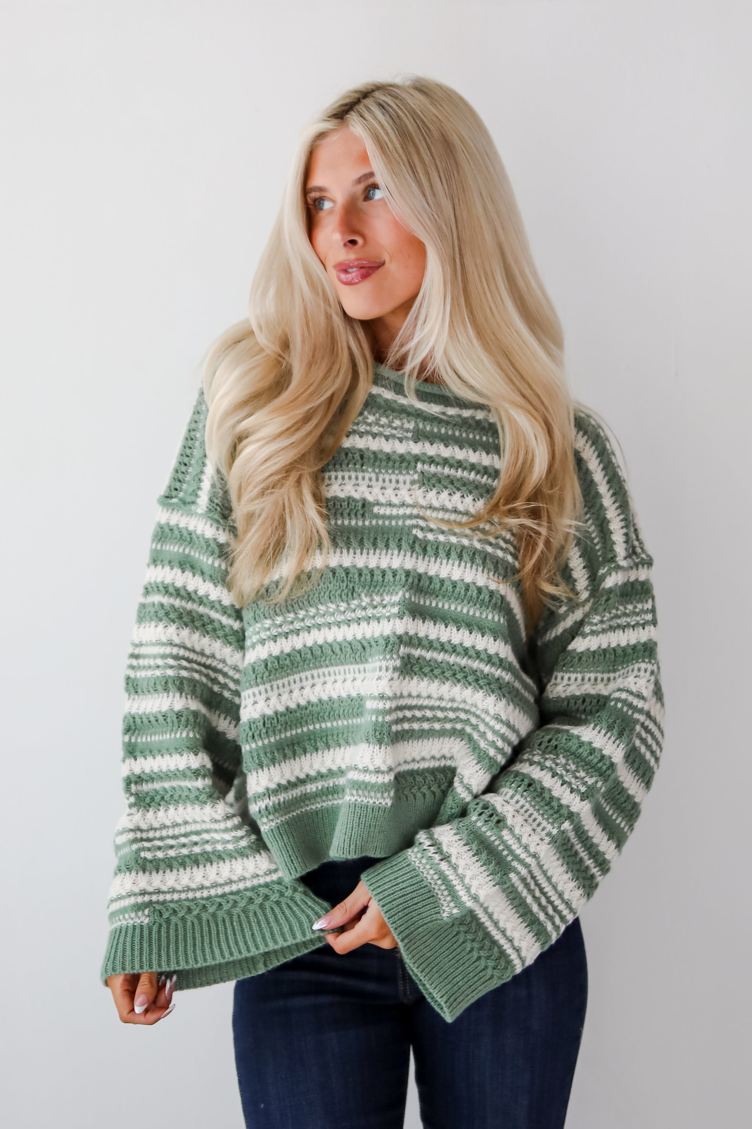 Cozy Conclusion Green Striped Sweater for Women - Soft Knit Pullover with Striped Pattern - Perfect for Fall & Winter Outfits, Casual Wear and Layering