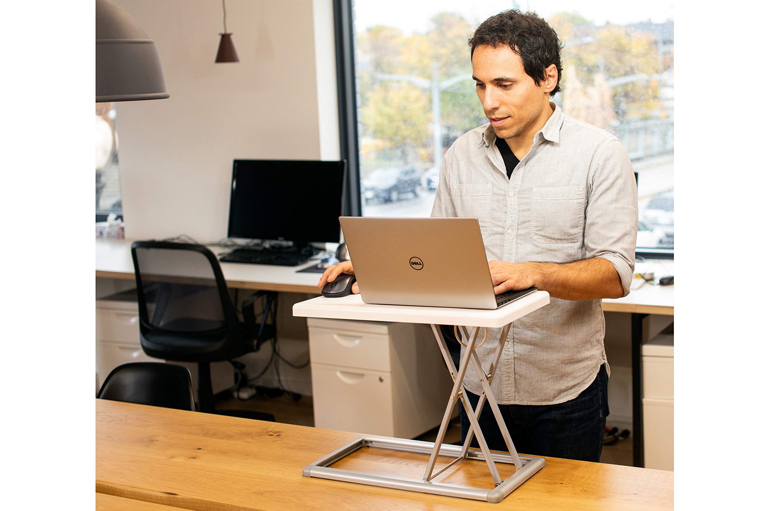 Rocelco 19 Inch Portable Laptop Stand - Adjustable Height Travel Standing Desk Converter | Compact Sit Stand Workstation with Carry Bag | White | Perfect for Home Office, Remote Work & Business Travel
