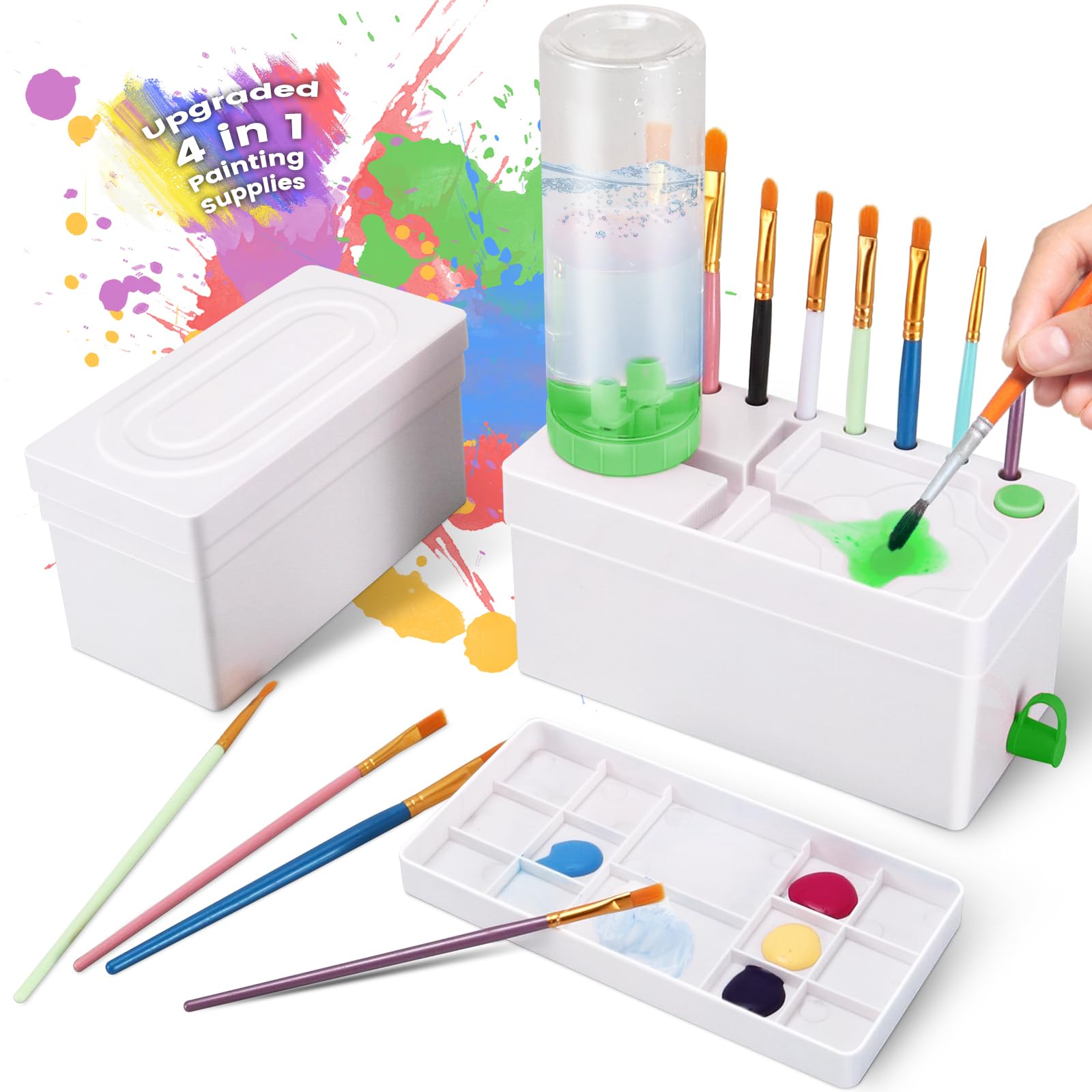 Upgraded 4-in-1 Paint Brush Cleaner & Holder with Palette - Professional Brush Rinser for Acrylic, Watercolor & Water-Based Paints - Perfect for Artists, Hobbyists & DIY Painting Projects - Includes Paint Tray (Green)