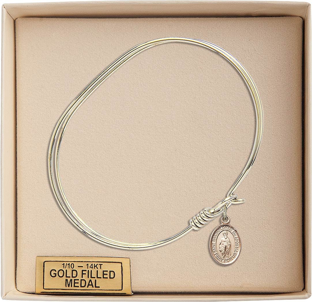 Gold-Filled Oval Eye Hook Bangle Bracelet with St. Bartholomew Charm - Elegant Religious Jewelry for Women | Perfect for Church, Weddings & Daily Wear | Gift for Baptism, Confirmation & Faith-Based Occasions