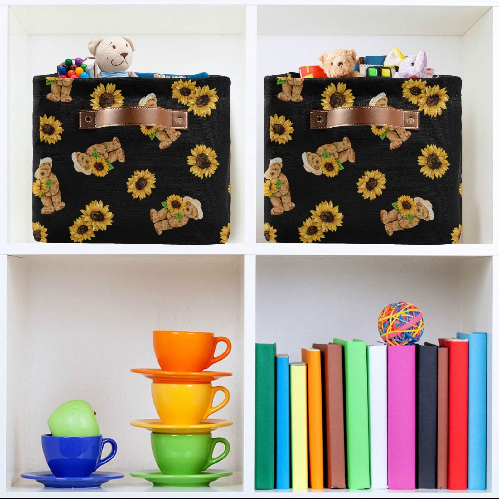 AUUXVA Cute Bear & Sunflower Storage Basket - Durable Collapsible Canvas Toy Organizer Bin with Handles for Bedroom, Closet, Office | Perfect for Kids' Room, Nursery & Home Organization