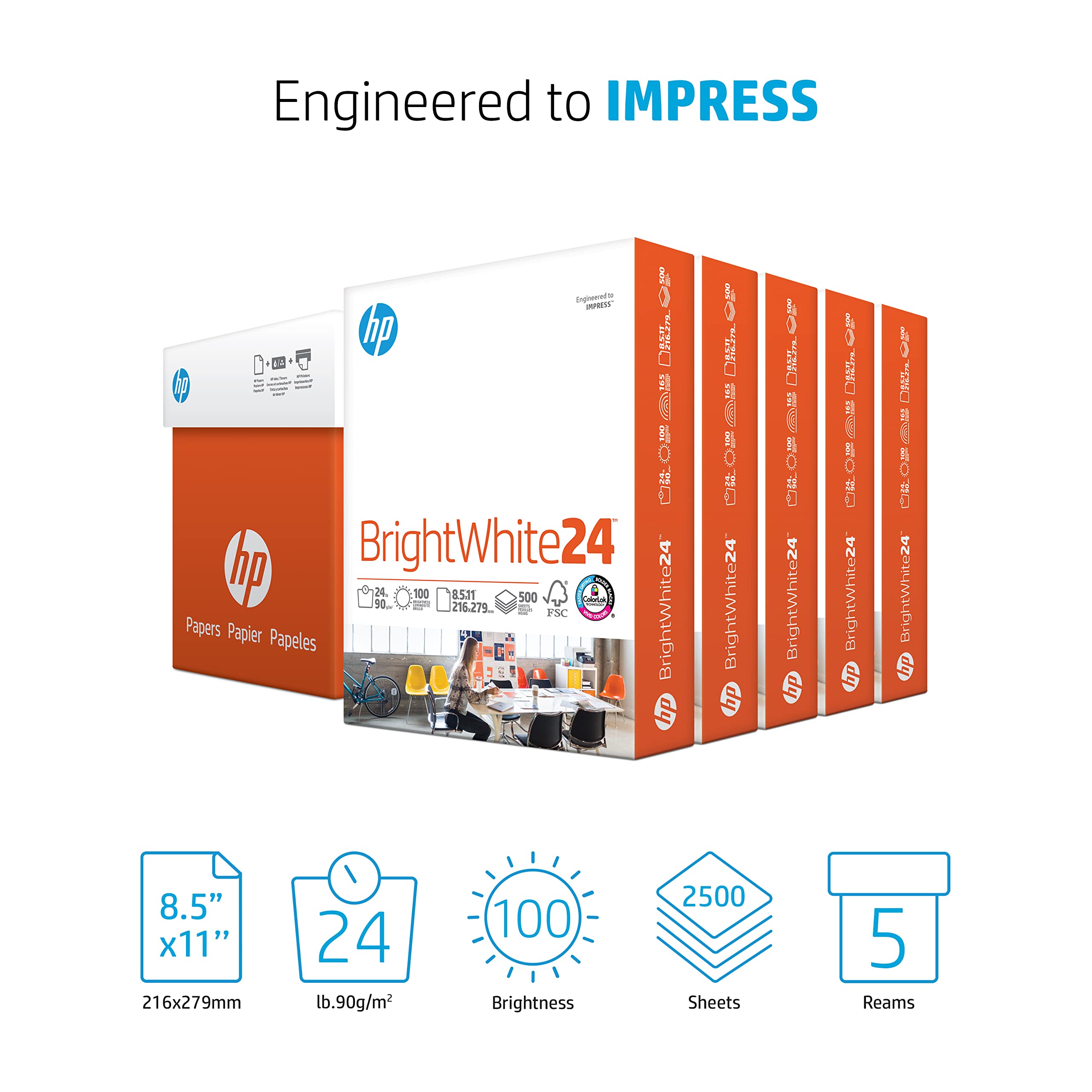 HP Printer Paper 8.5 x 11 Inches | 24 lb Bright White Copy Paper | 5 Ream Case (2500 Sheets) | 100 Brightness | FSC Certified | Made in USA | Ideal for Office, School & Home Printing