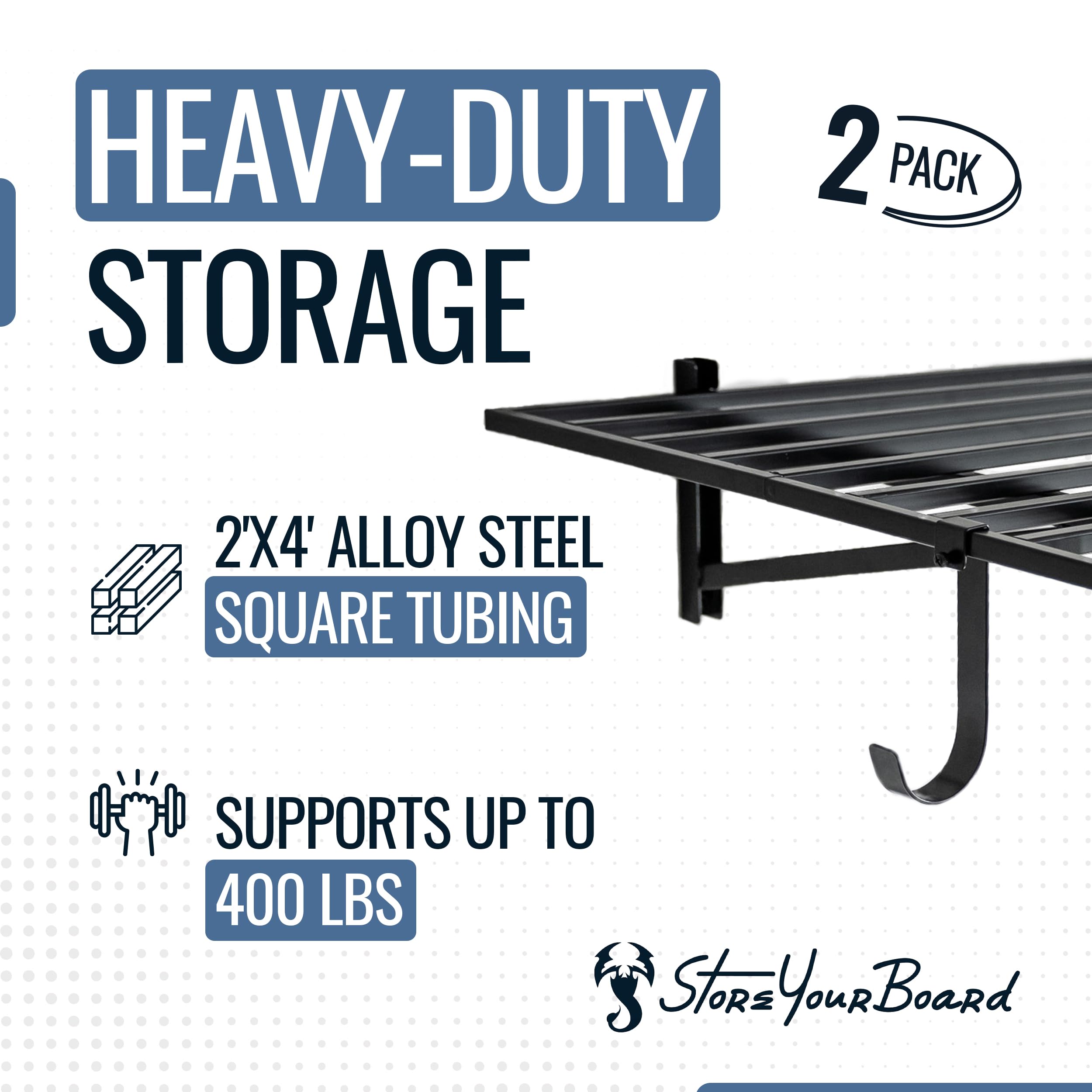 StoreYourBoard 2 Pack Heavy Duty Garage Wall Shelves - 2' x 4' Wall Mount Storage Shelf with Hooks, Holds 200 lbs Each - Perfect for Bike, Ladder, Tool & Sports Equipment Organization