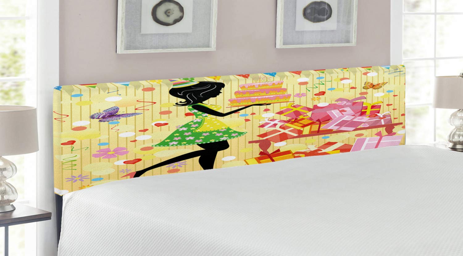 Ambesonne King Size Upholstered Headboard with Memory Foam - Birthday Themed Decorative Metal Bed Headboard Featuring Young Woman, Cake & Butterfly Design - Perfect for Bedroom Decor & Gift Scenes