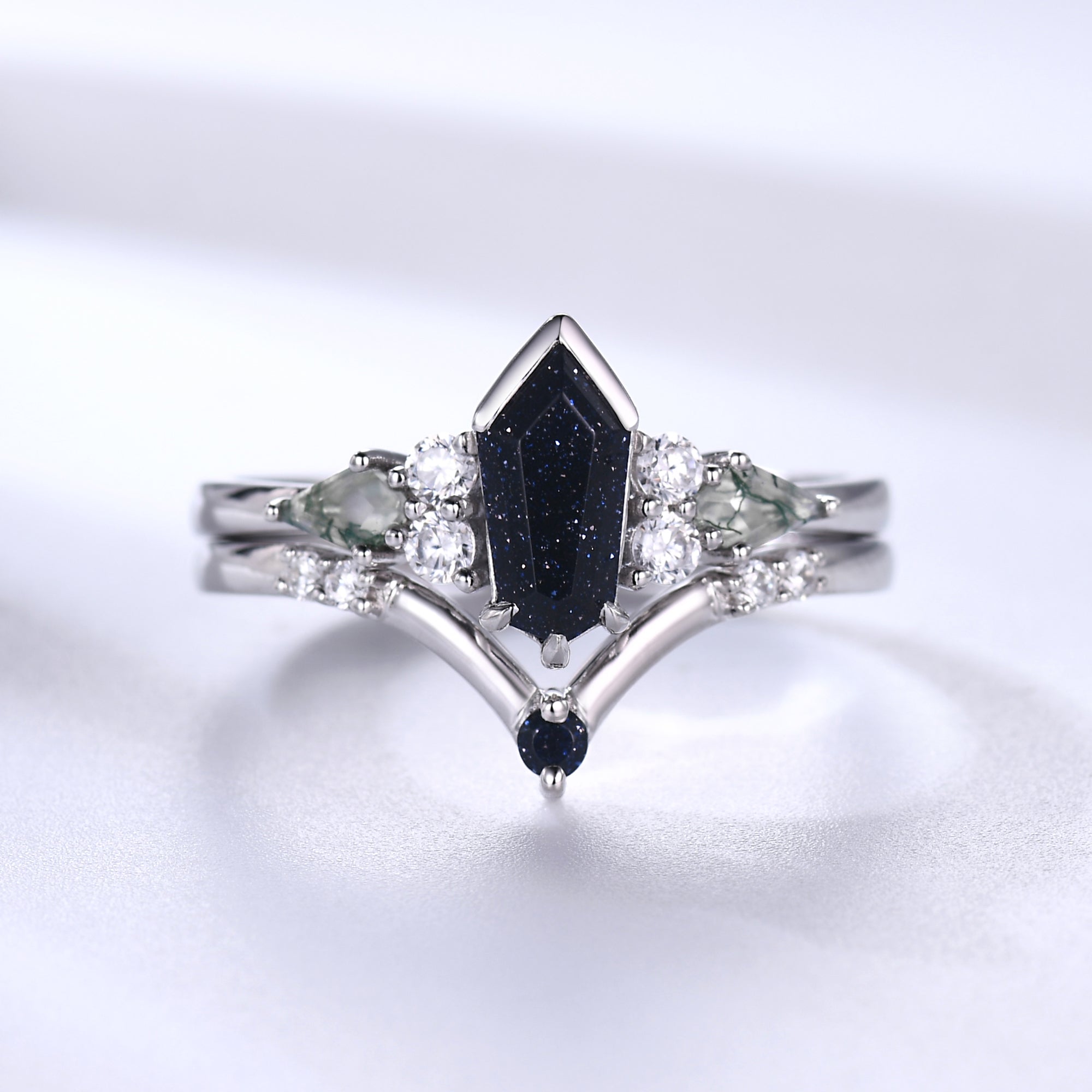 Gothic Coffin Galaxy Sandstone Ring Set - White Gold Nebula Engagement Ring for Women - Unique Alternative Wedding Band for Goth Brides, Dark Romance Lovers & Halloween Costume Jewelry