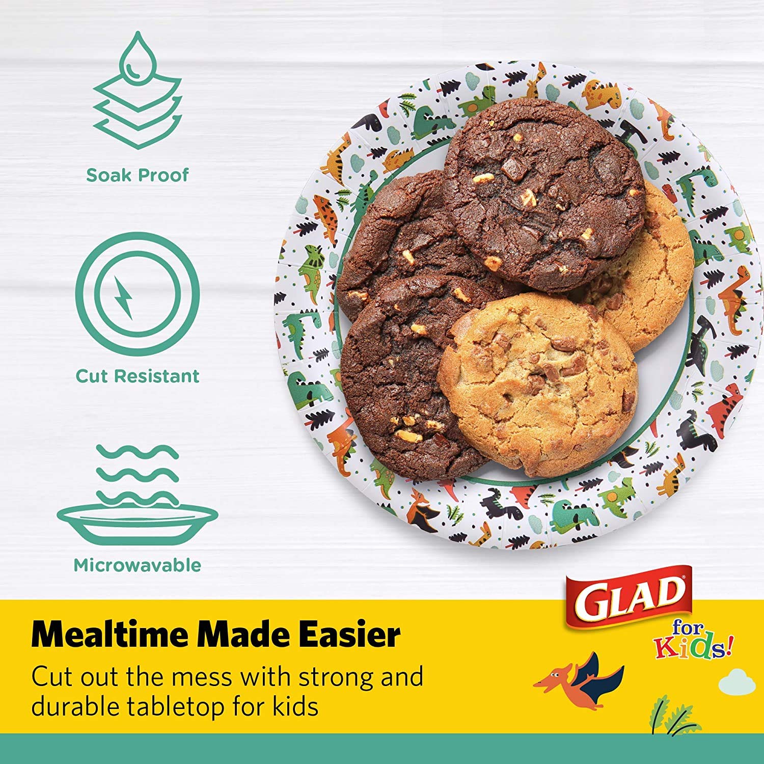 Glad for Kids 7-Inch Small Round Disposable Paper Plates - Cute Dinosaur Design, Heavy Duty, Soak Proof & Microwavable - 120 Count for Birthday Parties, Picnics & Family Gatherings