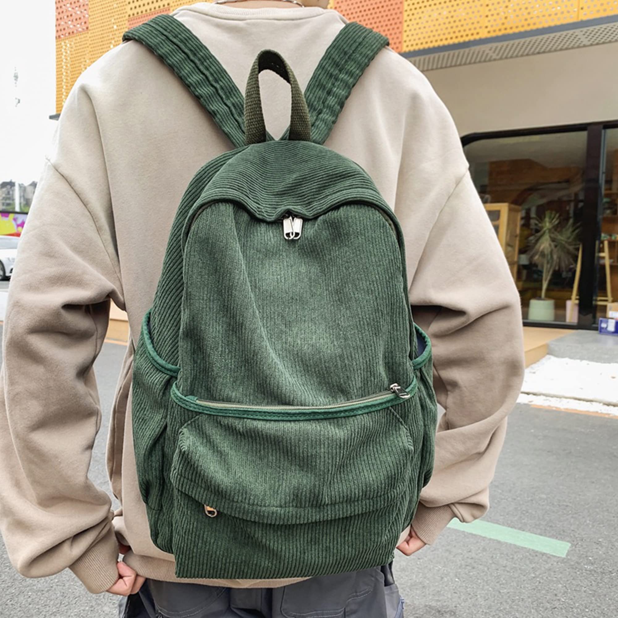 Lobagve Corduroy Backpack - Large College Backpack for Women & Men, Casual Bookbag with Laptop Compartment, Durable Travel Daypack & Computer Bag for School, Work & Outdoor Adventures (Green)