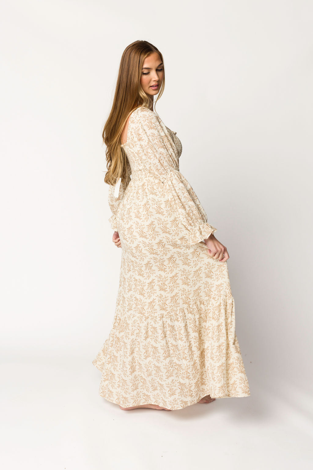 Emerson 100% Cotton Gauze Maxi Dress - Natural/Tan Floral Print, Bump Friendly Maternity Dress for Women | Boho Summer Beach Dress, Pregnancy Photoshoot, Casual Outfit