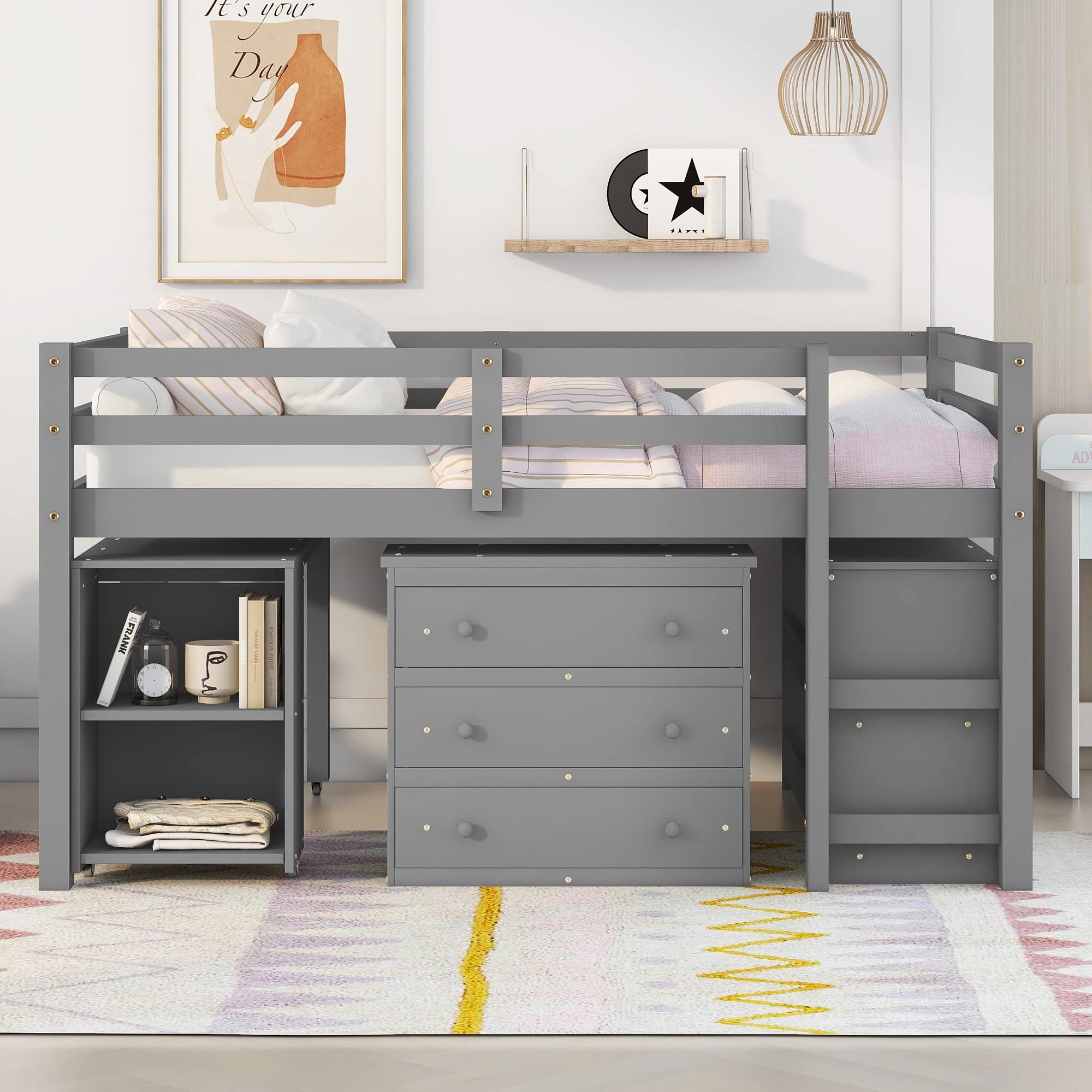 Low Loft Bed Full Size with Desk & Storage - Solid Wood Loft Bed Frame with Cabinet, Shelves & Rolling Desk - Multifunctional Space-Saving Furniture for Kids, Teens & Adults - Perfect for Small Bedrooms, Dorms & Studio Apartments (Gray)