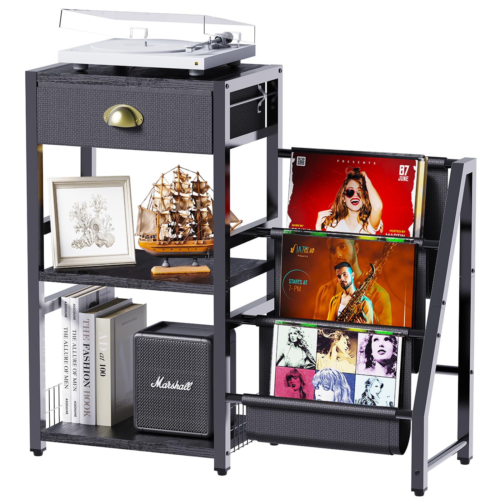 3-Tier Vinyl Record Player Stand with Storage & Display – Holds 200+ Records, Multi-Functional Side Table with Angled Rack – Perfect for Living Room, Bedroom & Home Theater Setup