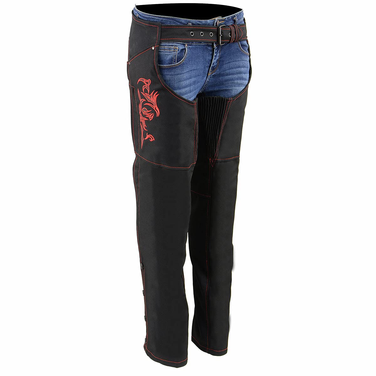 Milwaukee Leather SH1182 Women's Black & Pink Motorcycle Chaps with Tribal Embroidery - Stylish & Protective Riding Gear for Harley, Cruiser & Adventure Bikes