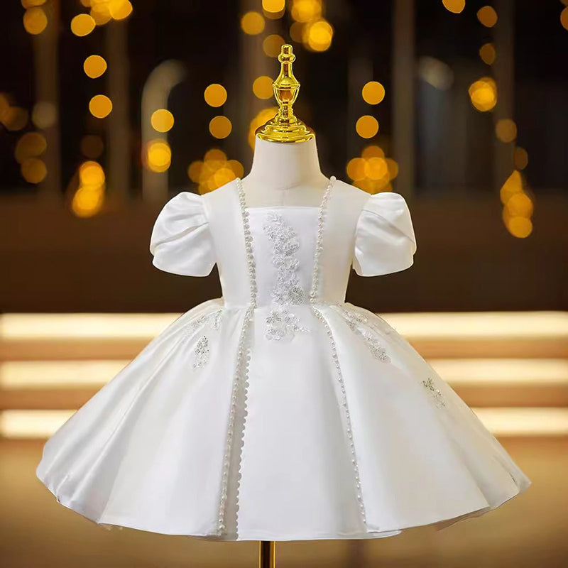 Elegant White Princess Birthday Dress for Girls with Pearl Embellishments - Perfect for Parties, Pageants & Special Occasions