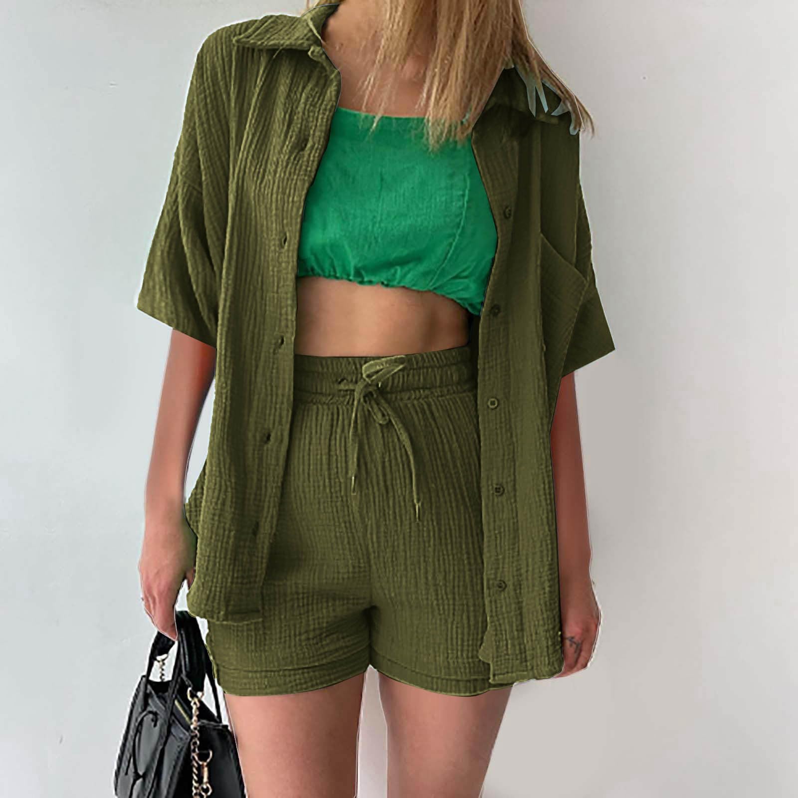 Women's Summer Outfit Set - Casual Short Sleeve Button Down Shirt & High Waist Shorts, Solid Color Lounge Wear for Beach Vacation, Pool Party, and Summer Travel
